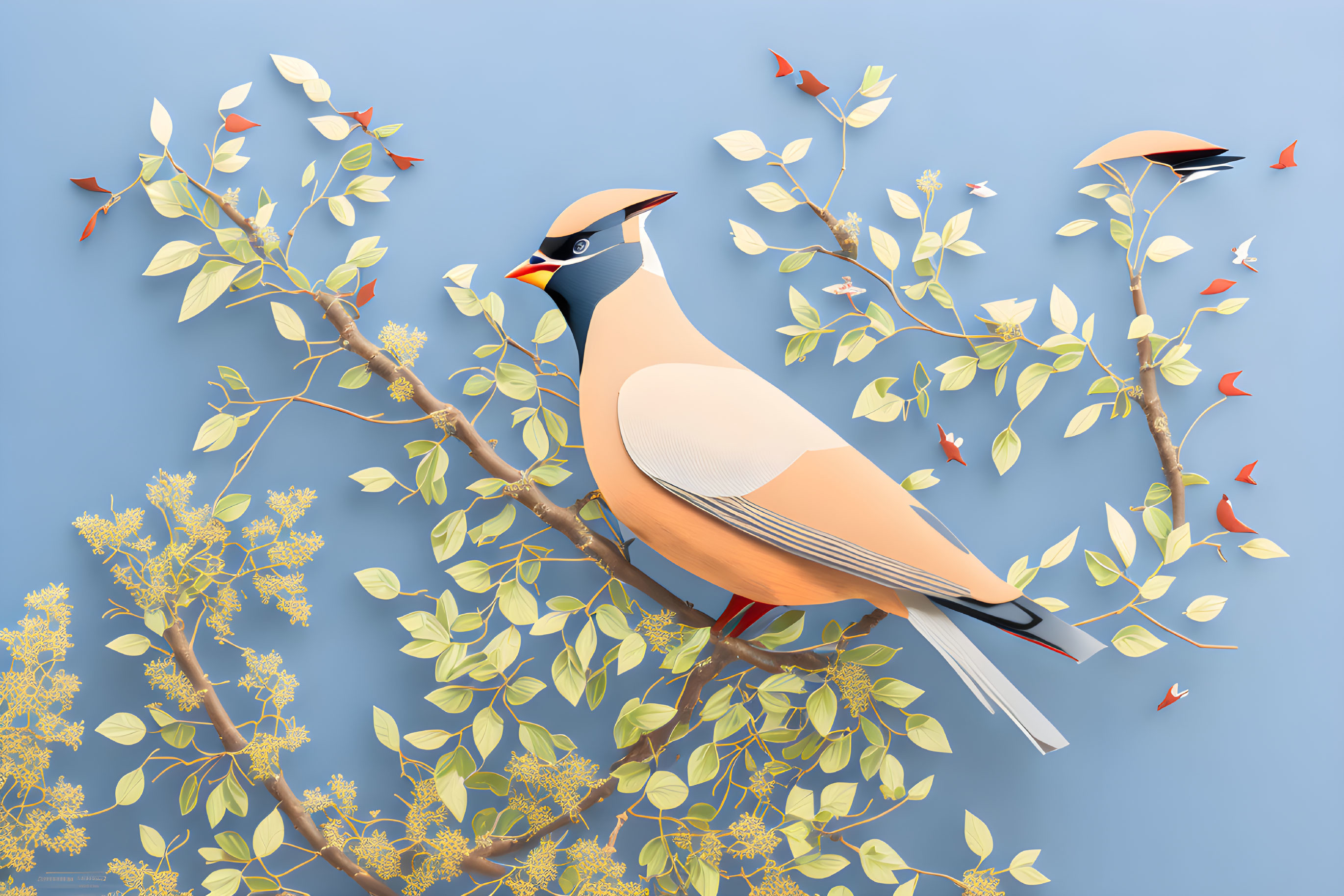 Bohemian waxwing perched on branch with yellow flowers against blue background