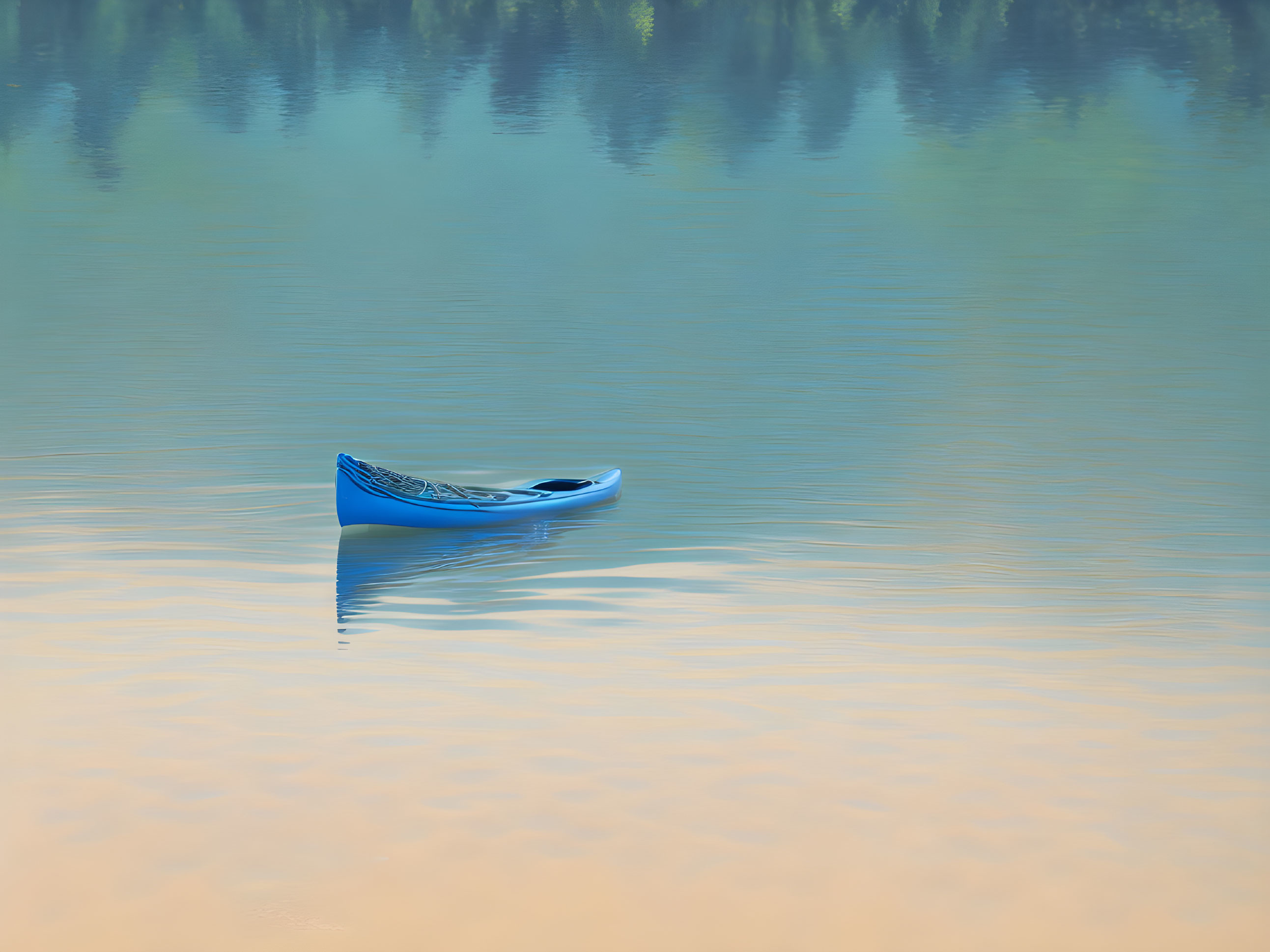 Blue canoe on calm lake under hazy sky