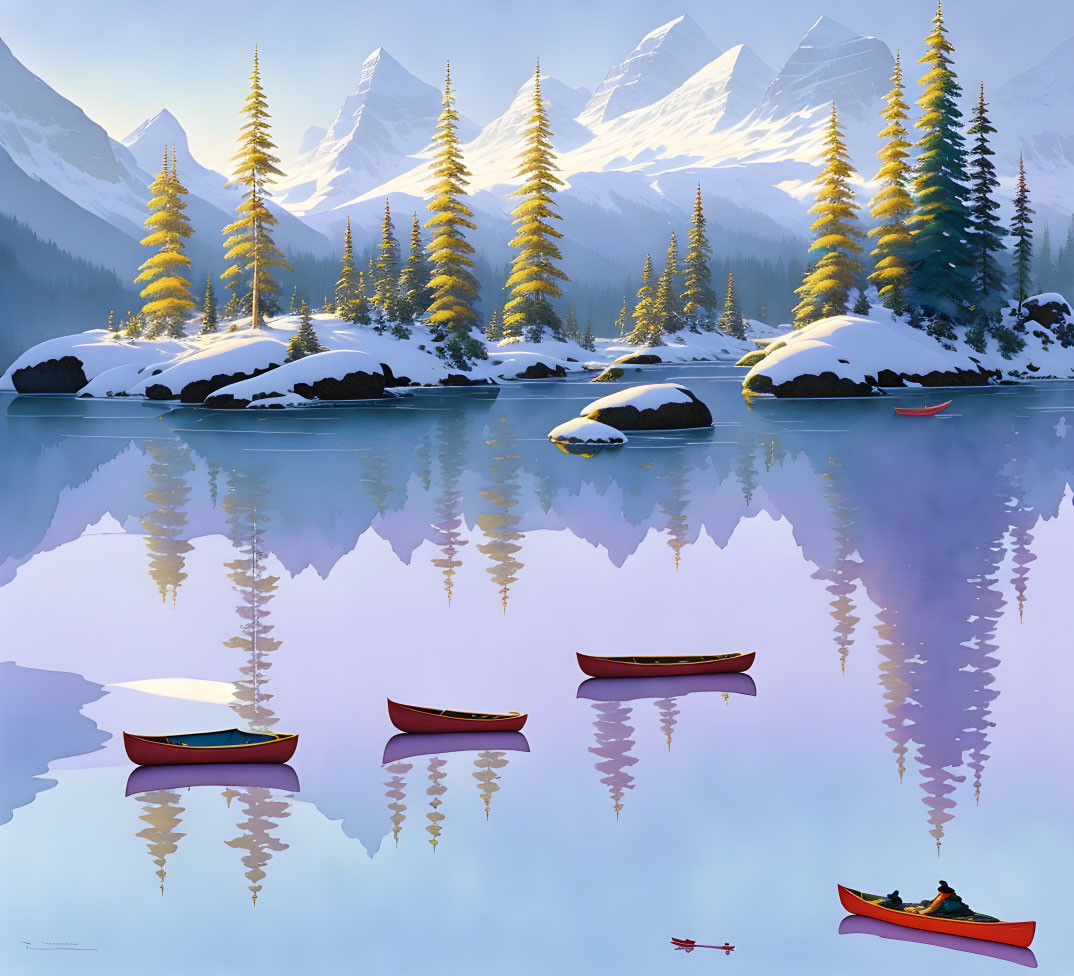 Snowy mountain lake with reflections, conifers, and canoes in winter