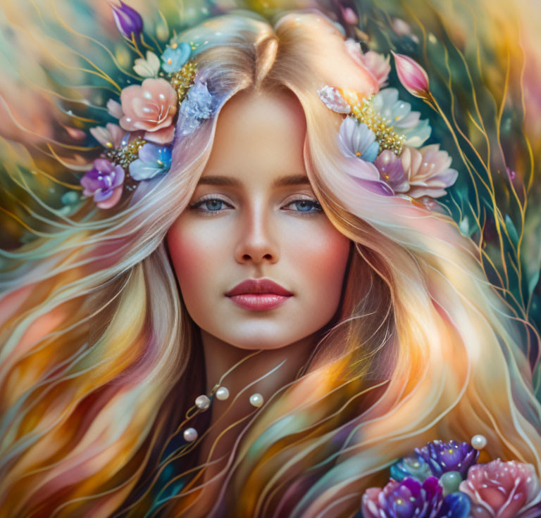 Multicolored hair portrait with flowers, pearls, and leaves on soft background