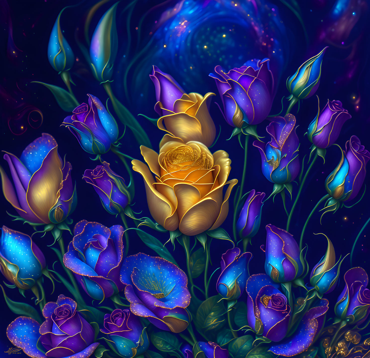 Luminous blue flowers and golden rose in cosmic setting