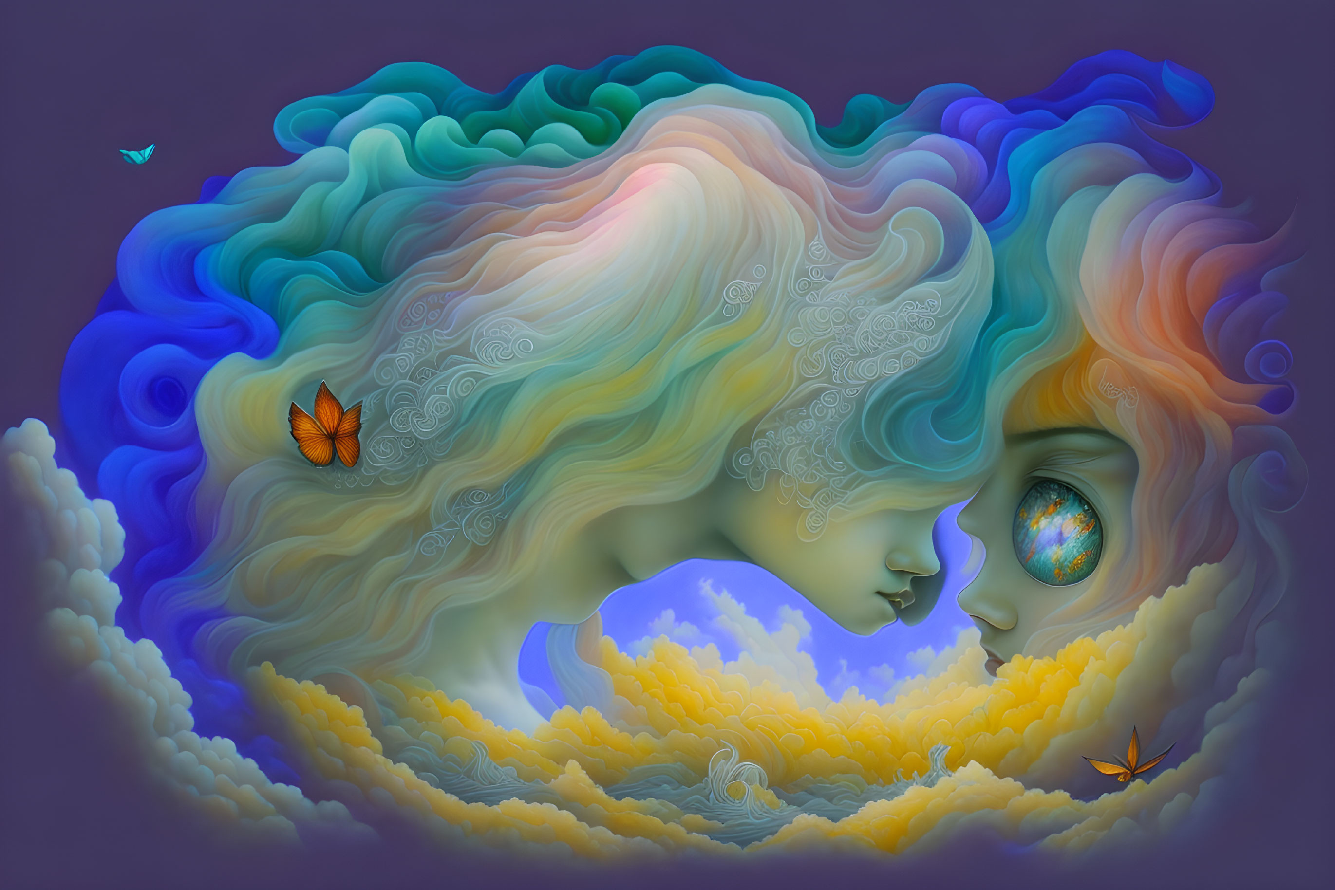 Surreal artwork: two profiles with flowing hair in colorful sky scene