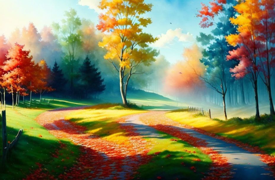 Colorful Autumn Forest Path Painting with Sunlight