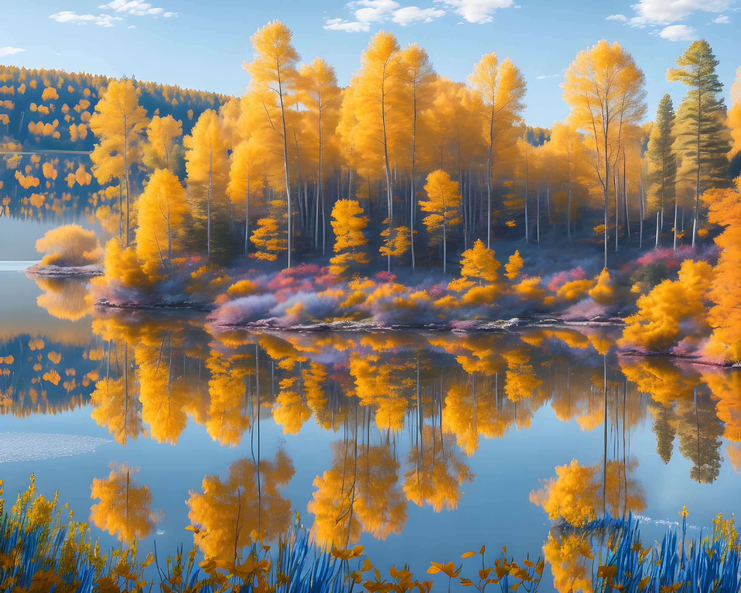 Tranquil autumn lake with golden trees and blue sky