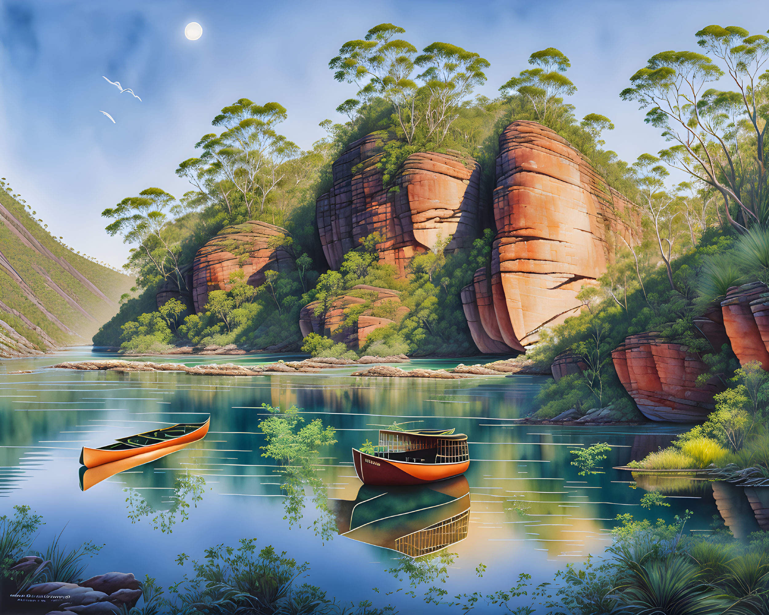 Boats on calm river near striated rock formations amid lush greenery