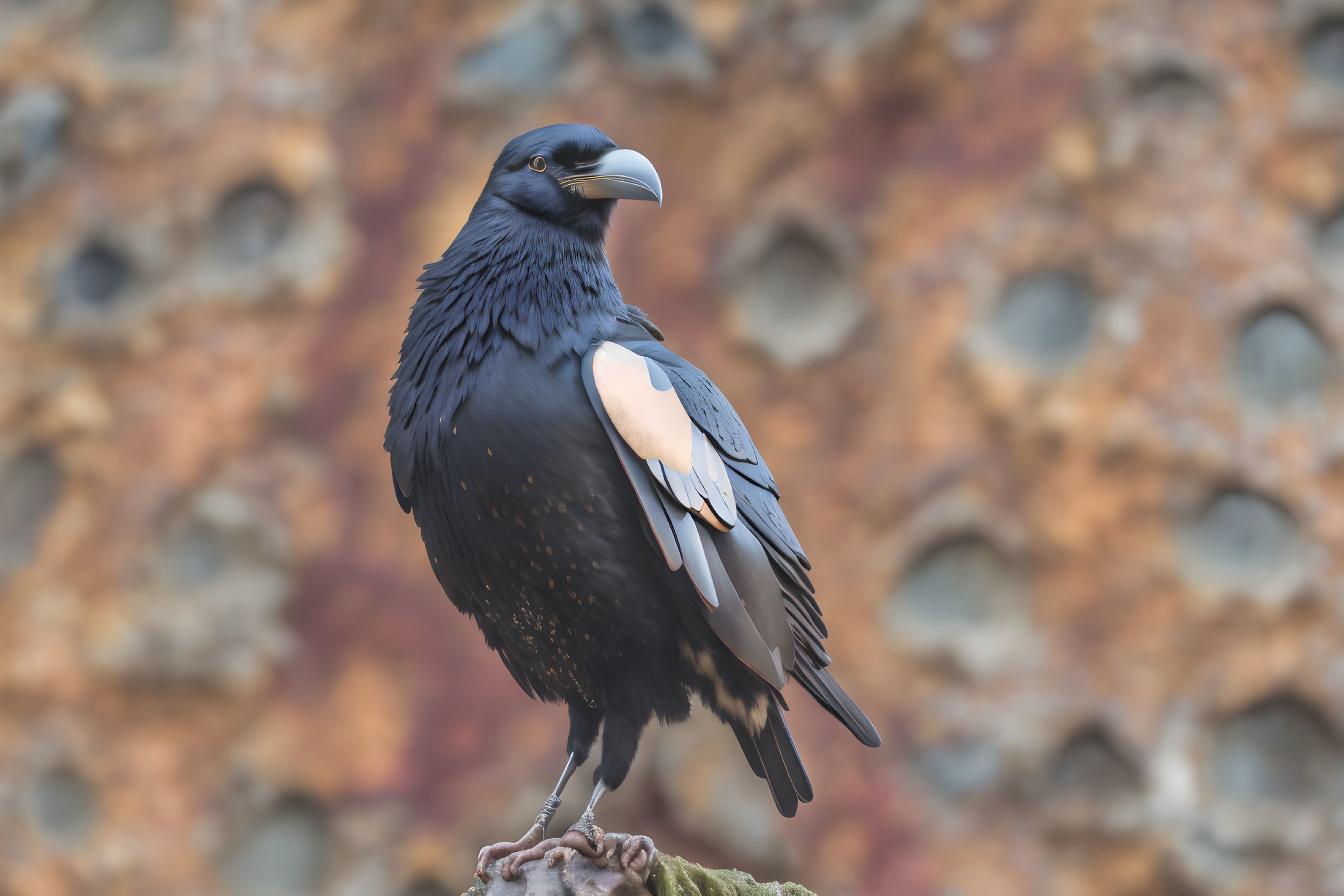 Black Raven Perched on Stump Against Vibrant Orange Background