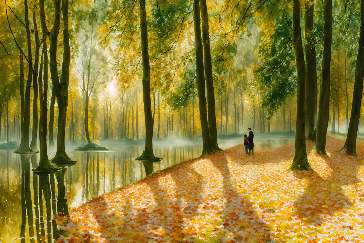 Tranquil autumn forest with golden leaves and misty lake