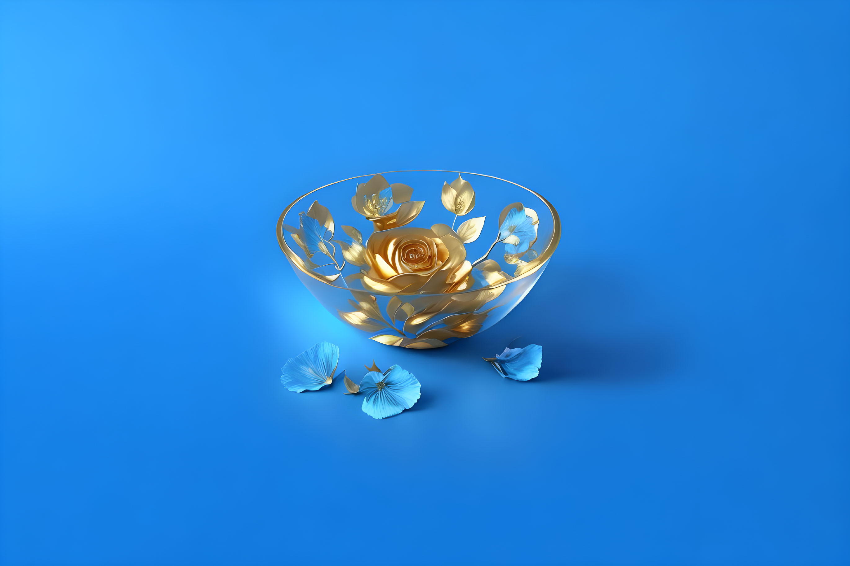 Golden Bowl with Floral Patterns on Blue Background and Scattered Petals