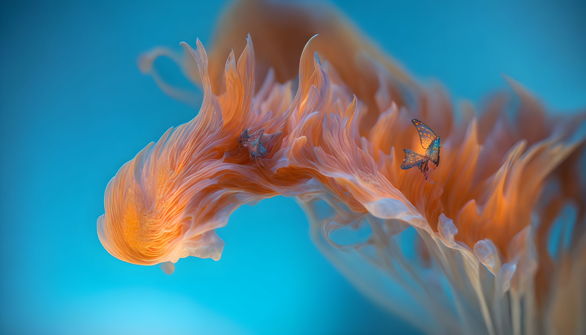 Colorful sea anemone-like structure with butterfly on tendril in blue background