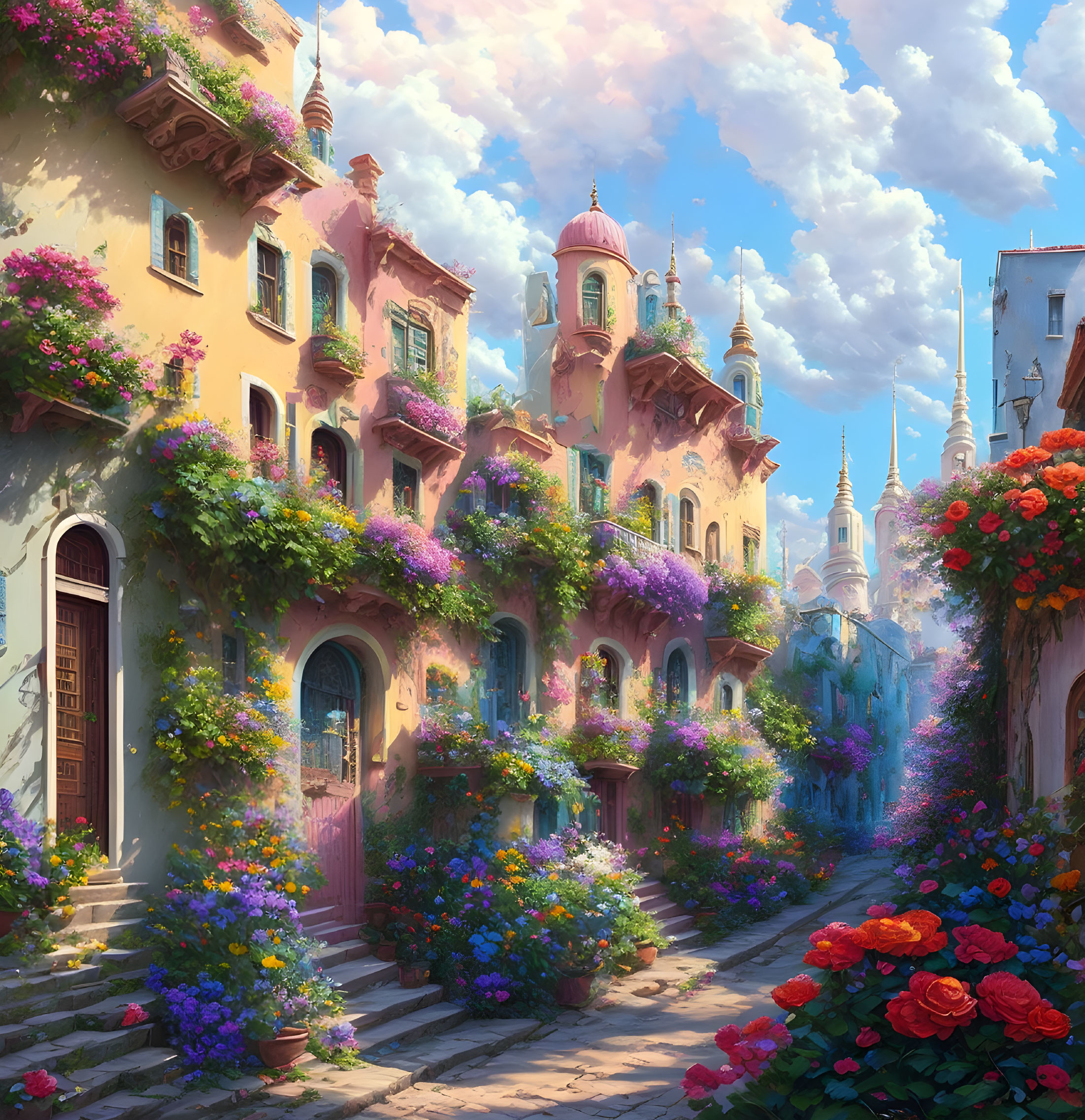 Pastel-colored fantasy cityscape with whimsical spires & lush flowers