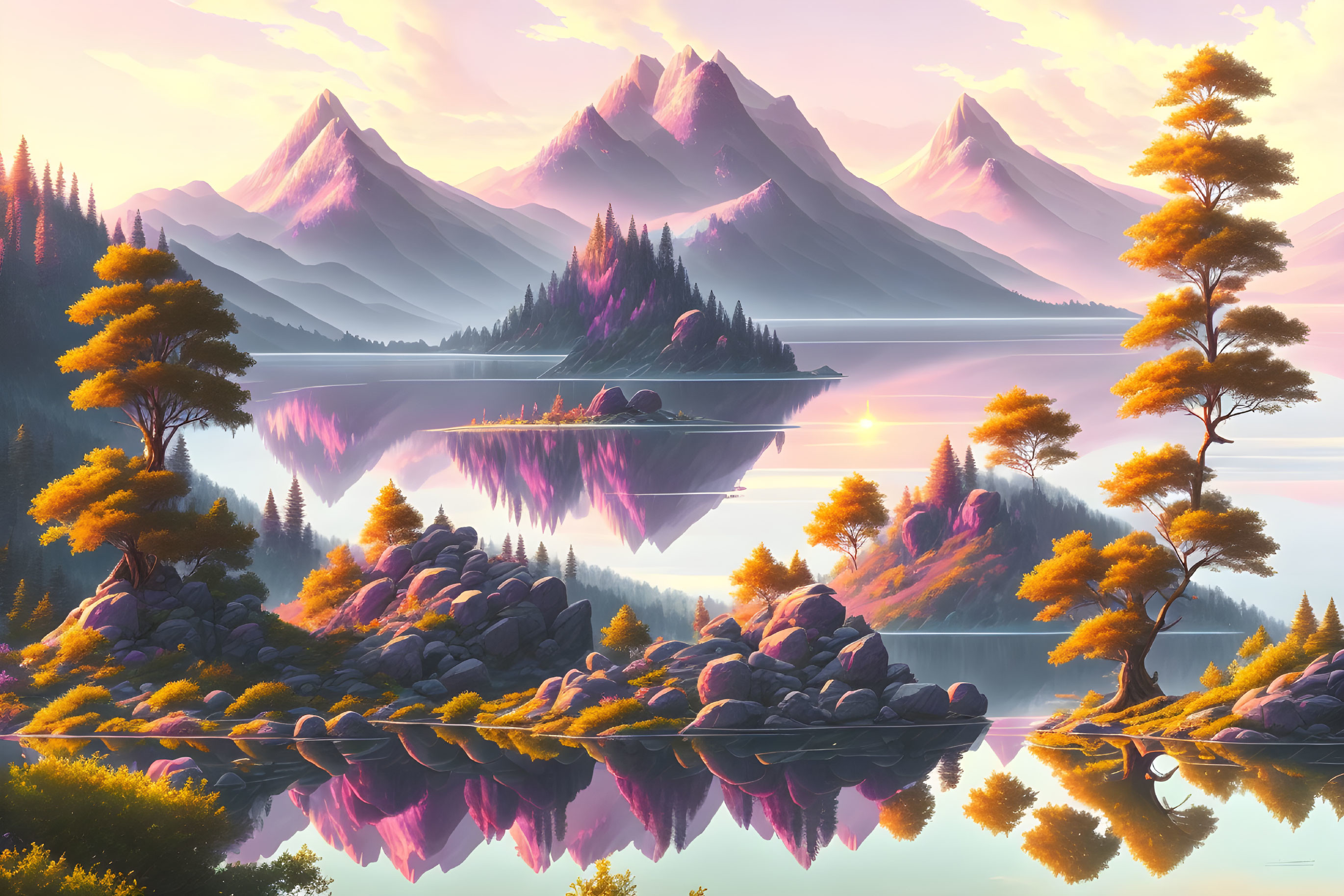 Tranquil landscape: mirrored lake, autumn trees, sunrise