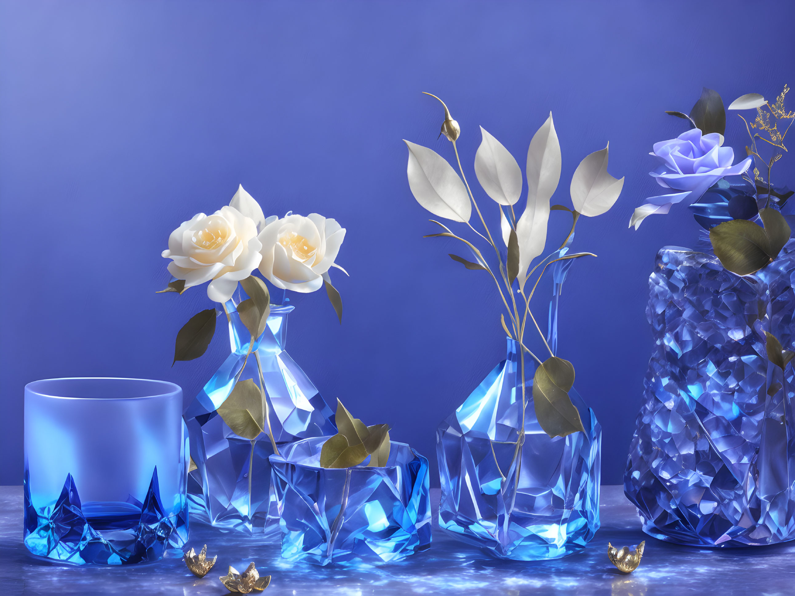 Blue Glassware and White Flowers Still Life on Blue Background