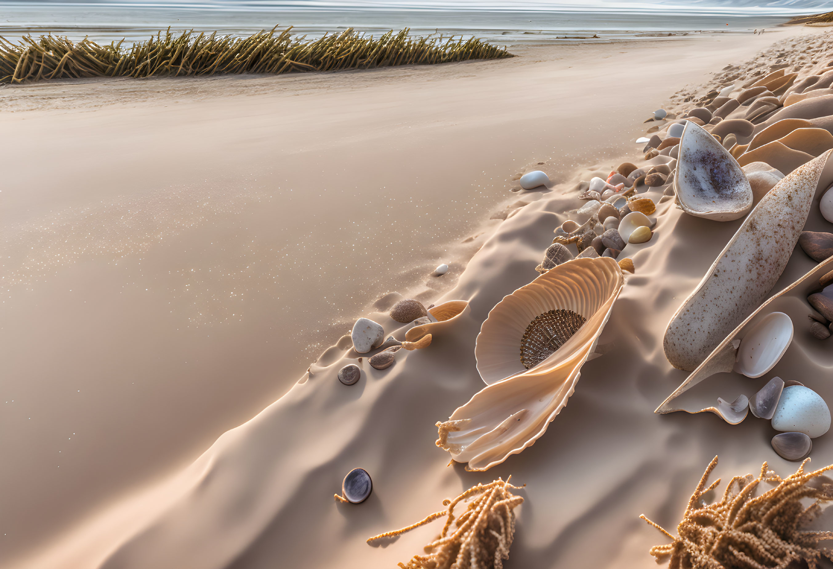 Golden Hour Beach Scene: Smooth Sand, Seashells, Sunlit Dunes