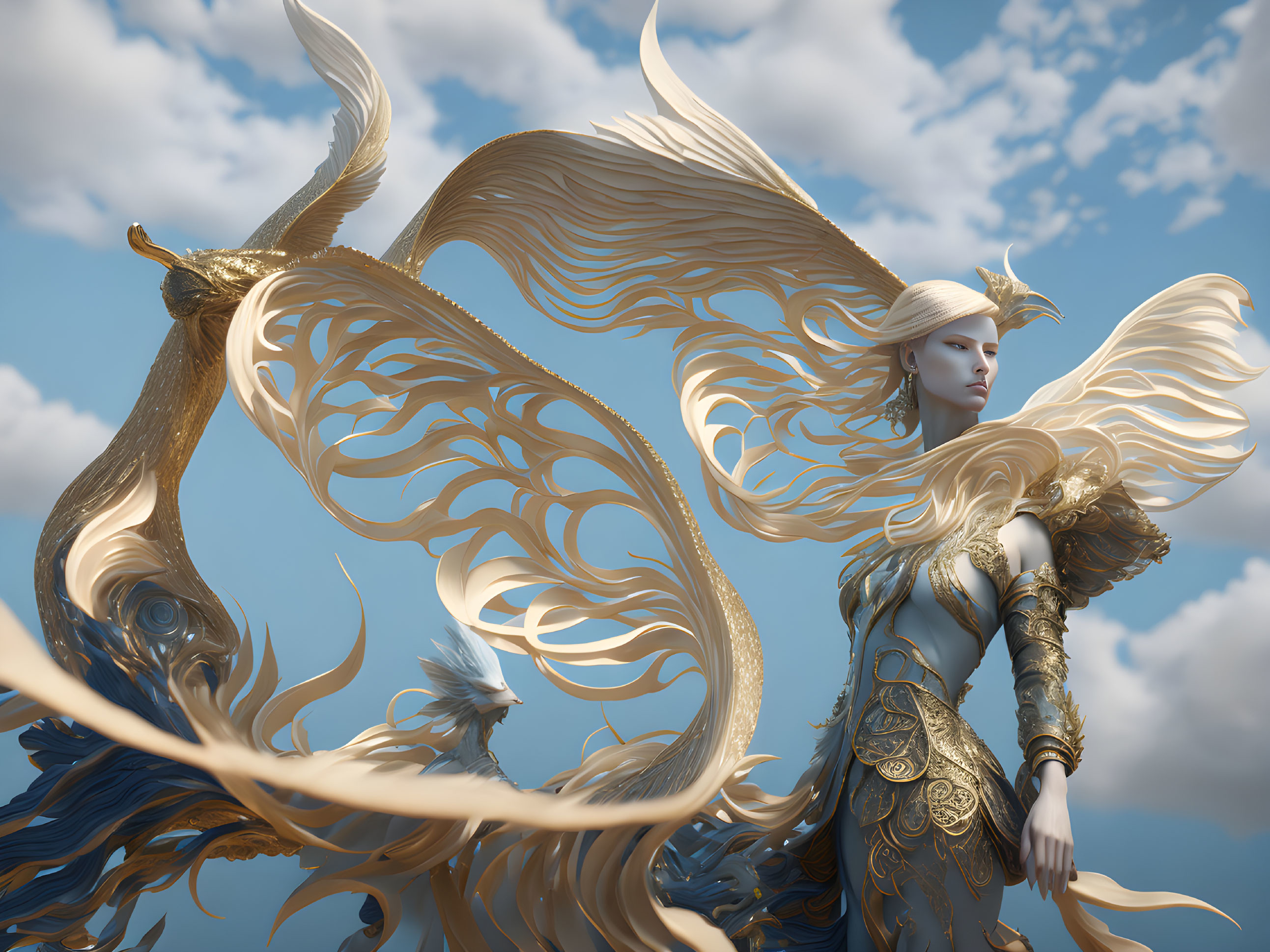 Fantasy digital artwork: Female character with golden wings and ornate armor