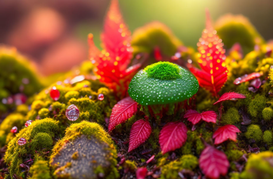 Vibrant Green Mushroom in Red Leaves and Moss with Glistening Water Droplets