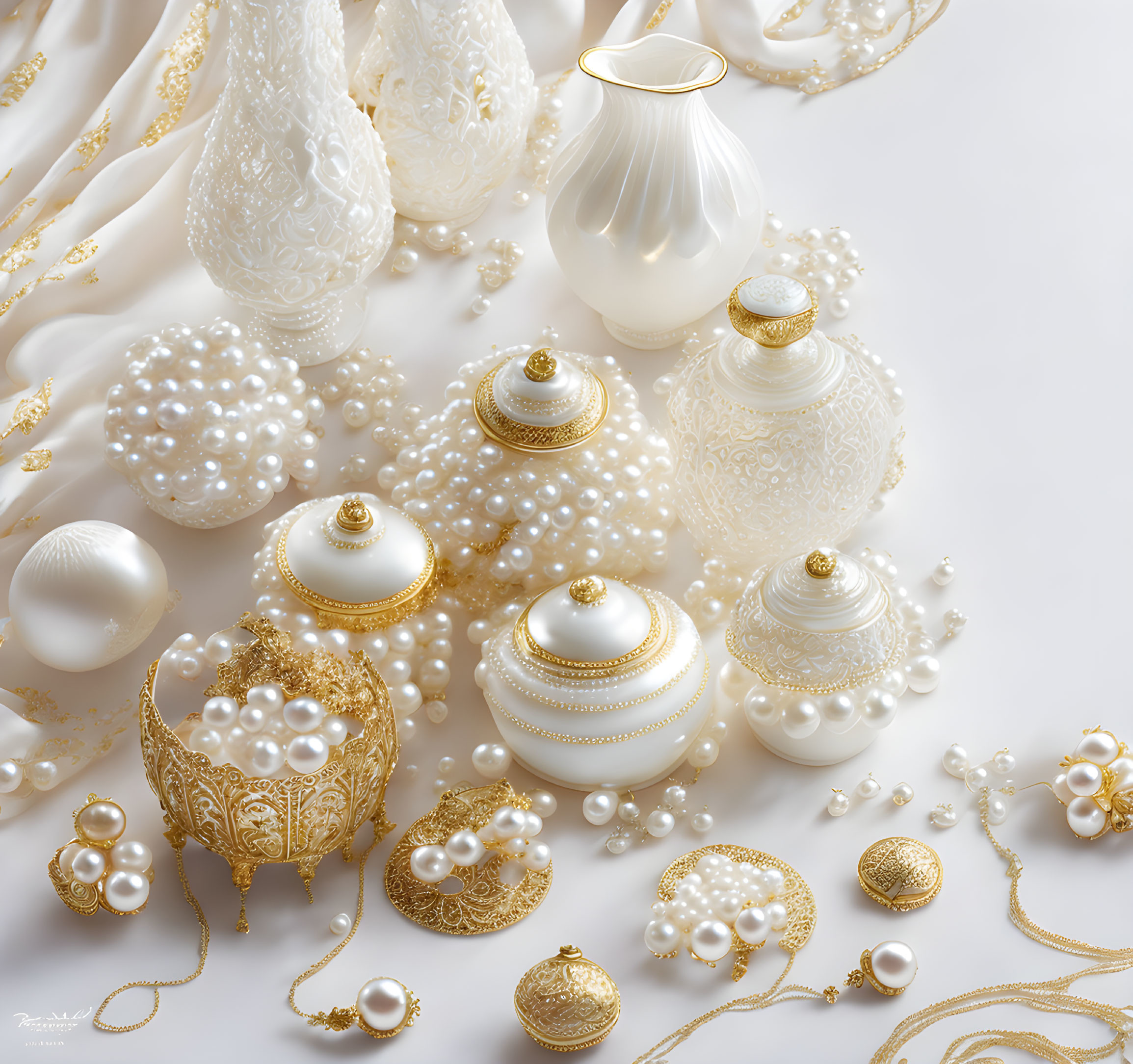 Luxury White and Gold Perfume Bottles, Pearls, and Accessories Display