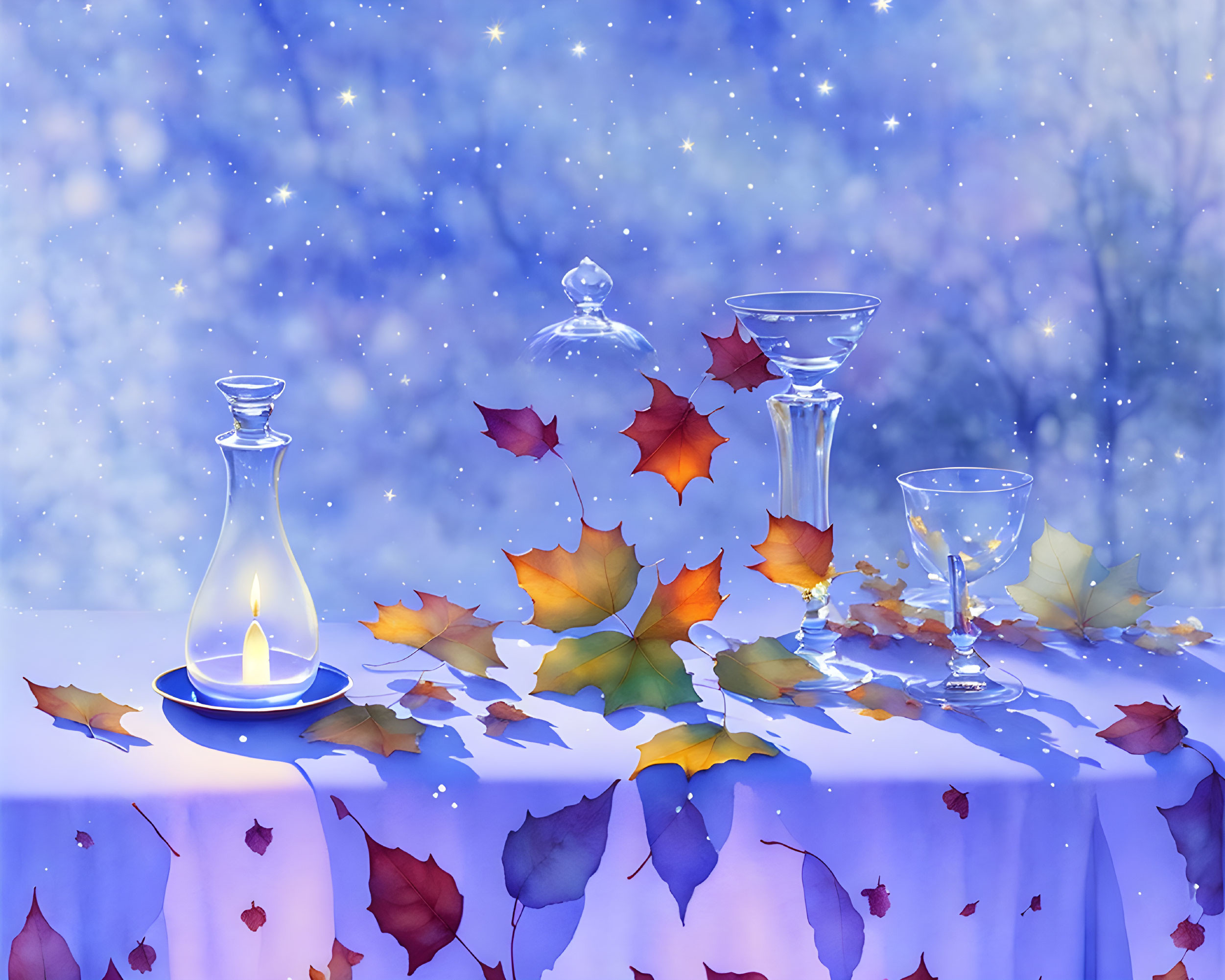 Ethereal candle in glass lantern amid autumn leaves and glassware on starry night