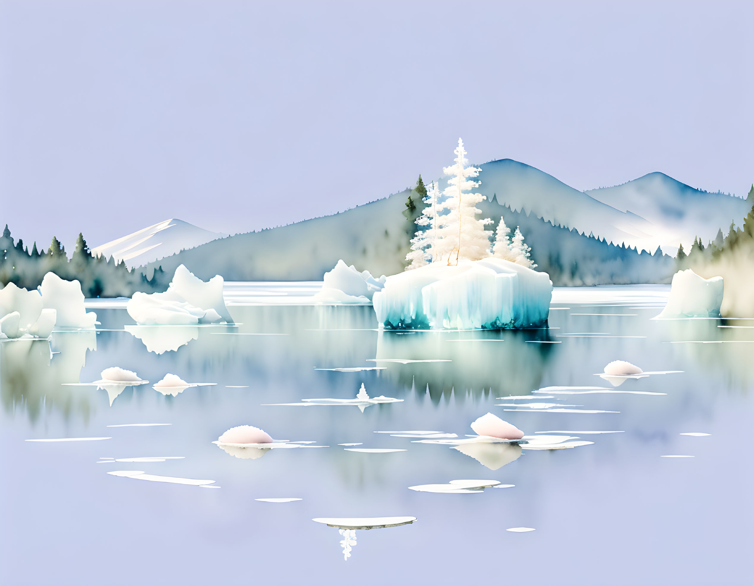 Snow-covered trees on island with icebergs in reflective lake