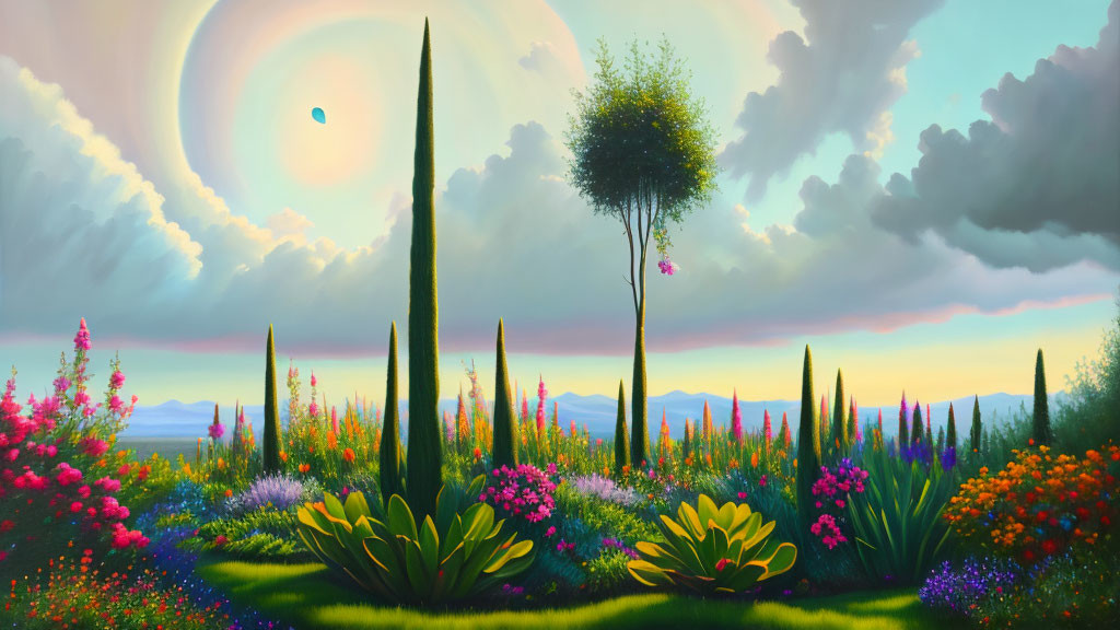 Colorful garden painting with sun eclipse, rainbow, and fluffy clouds