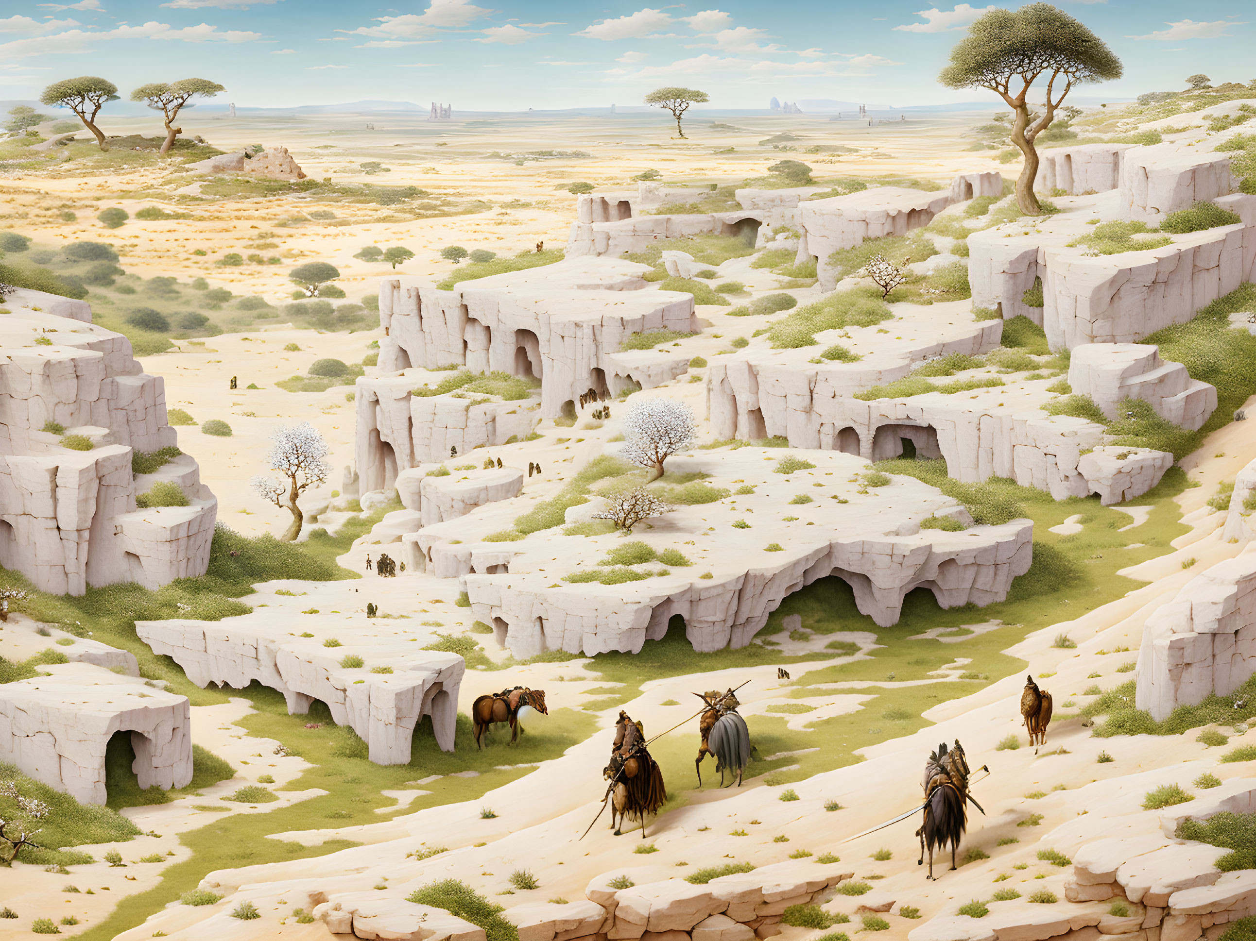 Sunlit savannah with trees, cliffs, horses, and ancient structures in serene scene