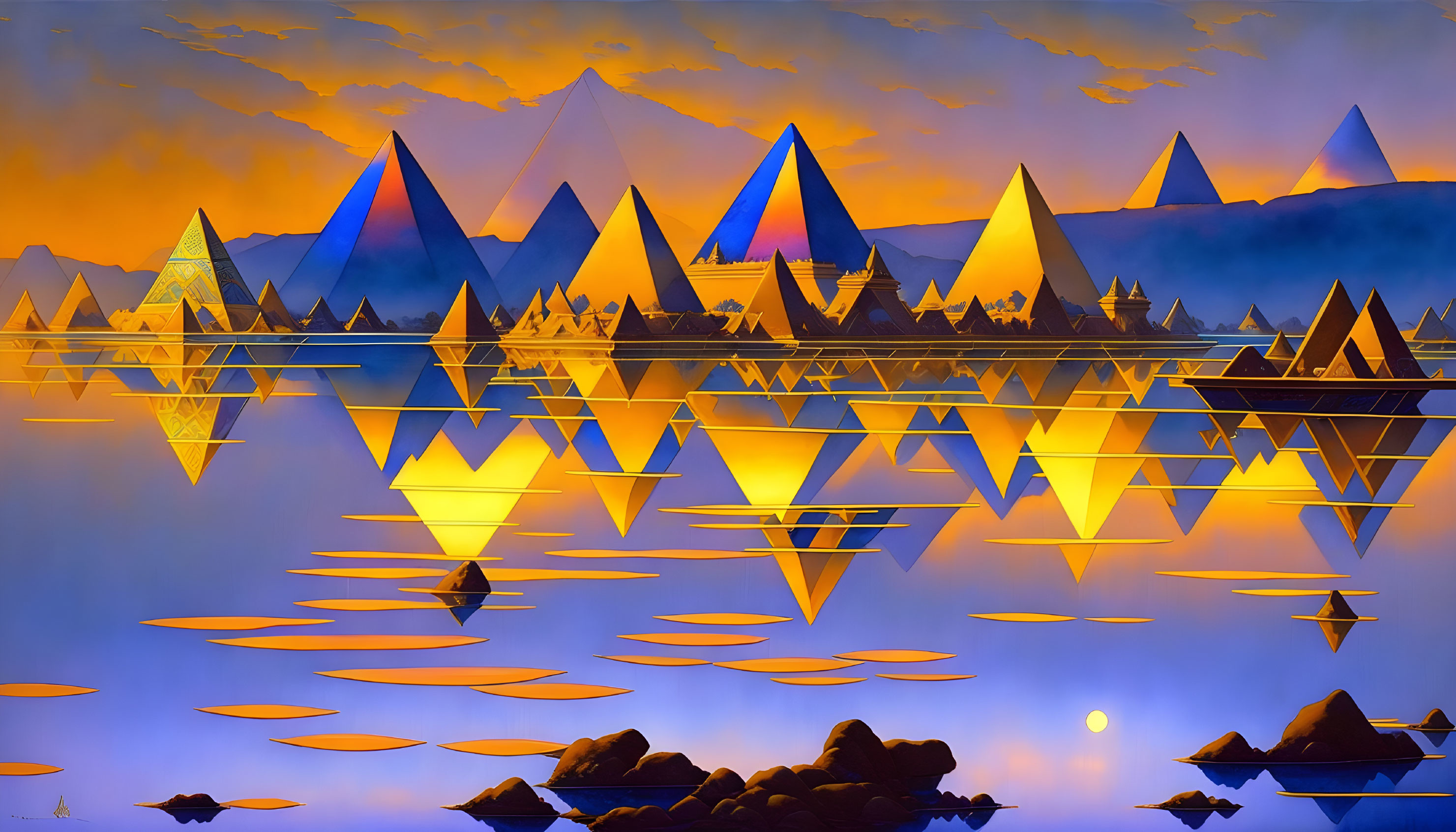 Surreal landscape with pyramids, reflections, vivid sky, and lotus leaves