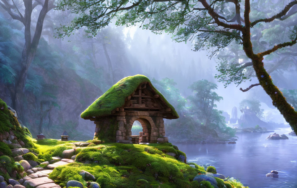 Stone cottage with moss-covered roof near river in foggy forest