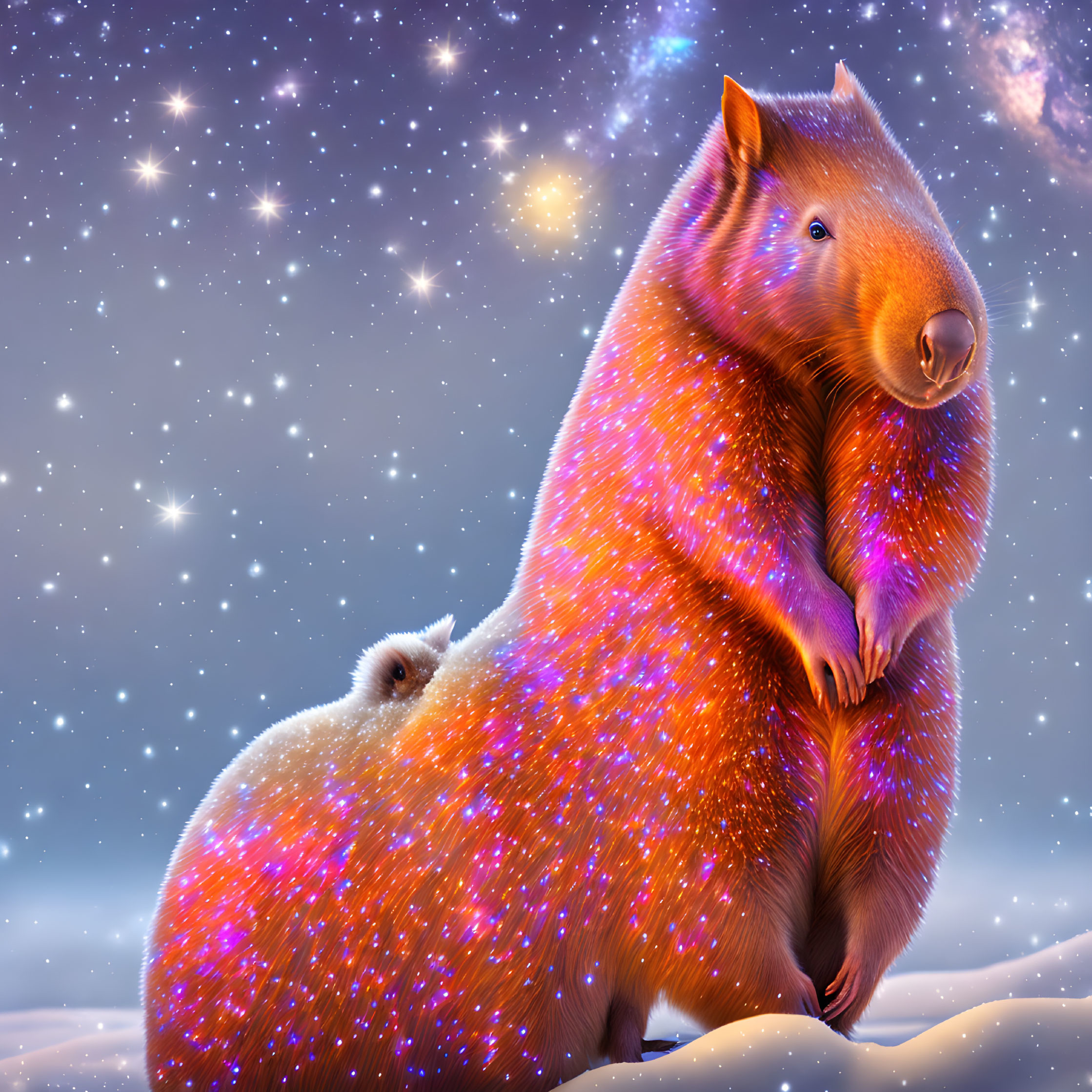 Vibrant star-patterned capybaras in a night sky