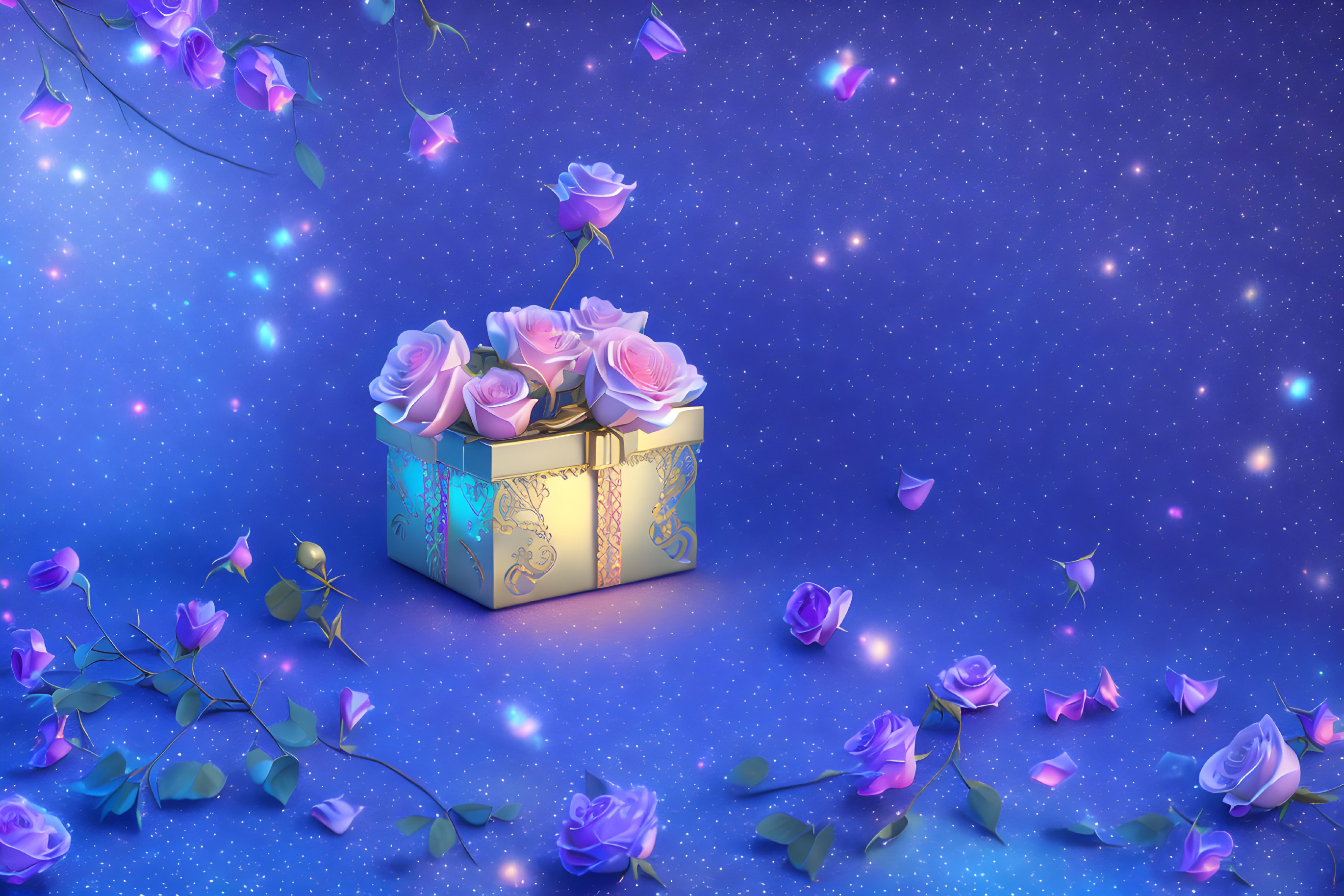 Golden-patterned magical box with pink roses and floating petals on starry blue background