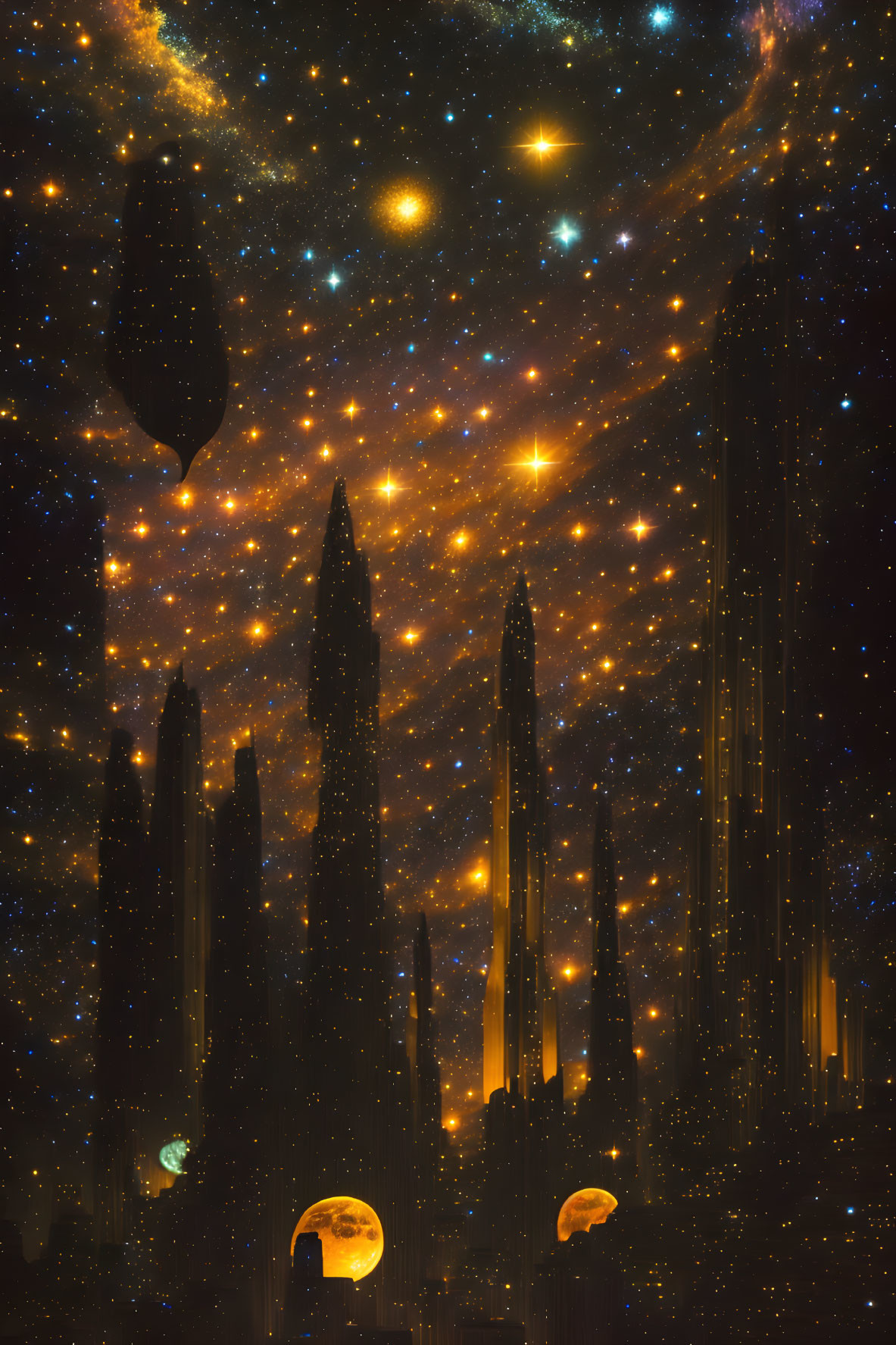 Fantastical space scene with glowing towers, stars, nebulae, and jellyfish-like creatures