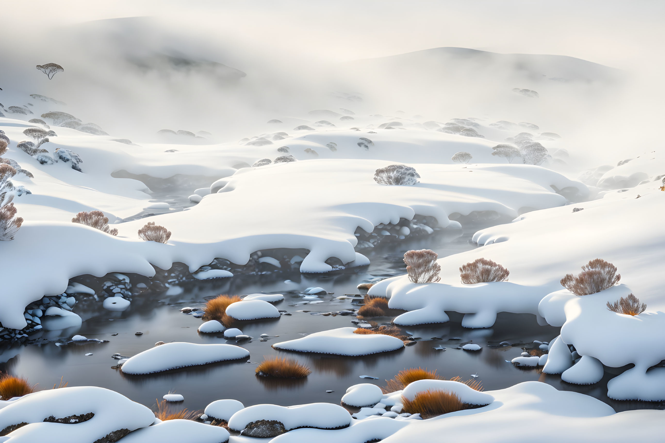 Tranquil winter landscape with frozen stream and misty mountain backdrop