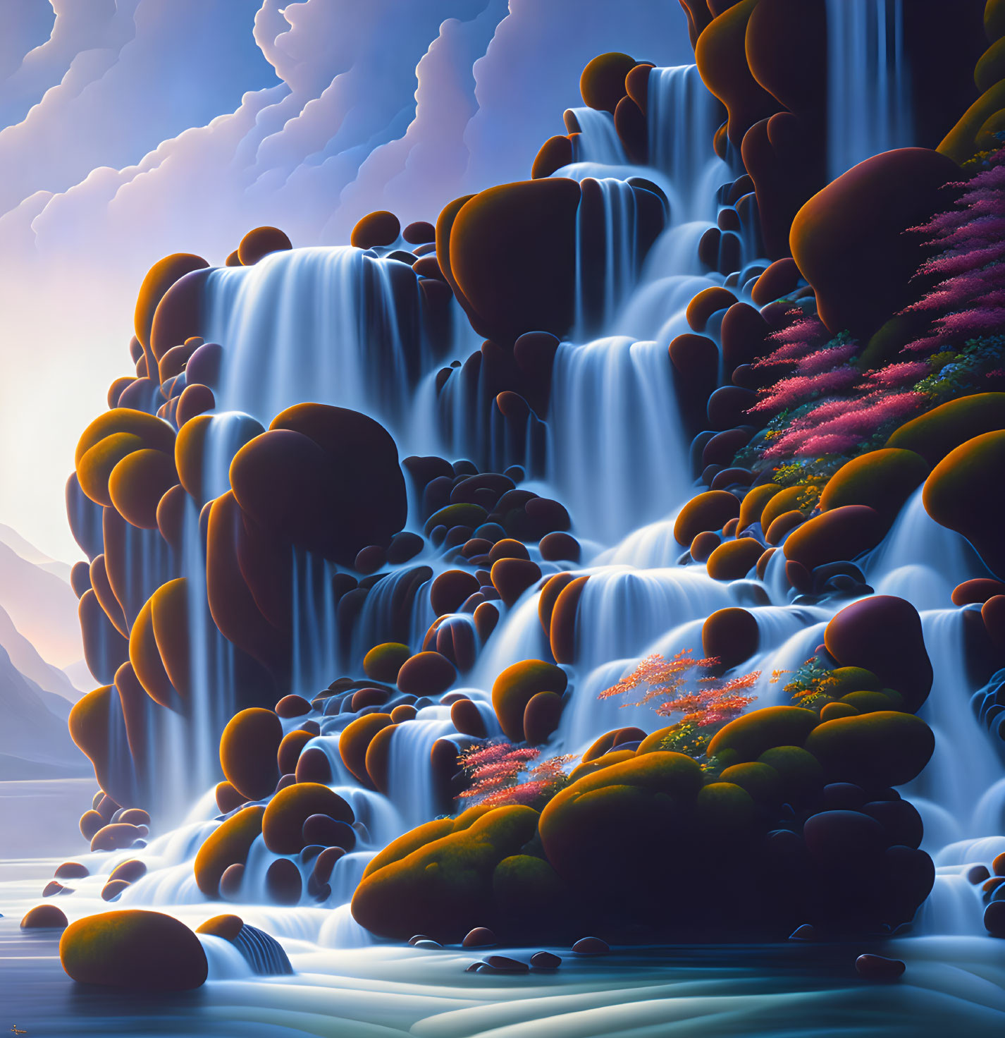 Surreal illustration: Cascading waterfall over rock formations, vibrant flora, dramatic sky