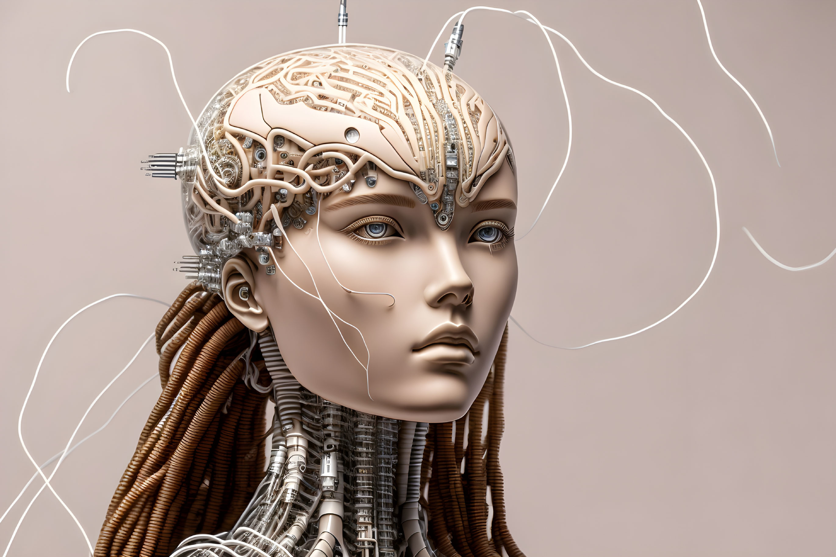 Detailed 3D illustration of a female android head with intricate mechanical parts and wires