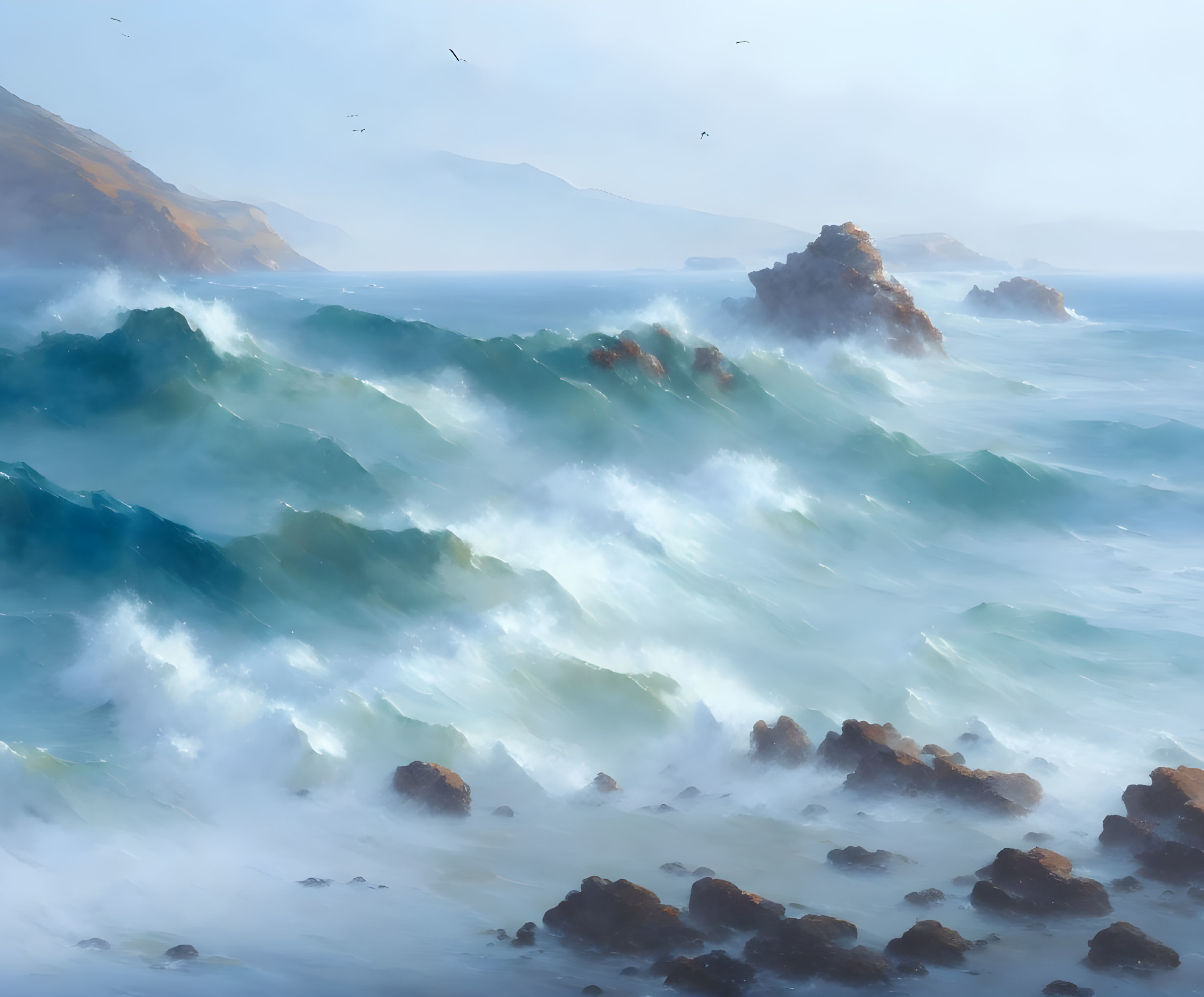 Scenic blue-green waves crashing on rocky shores with misty cliffs and flying birds under a hazy