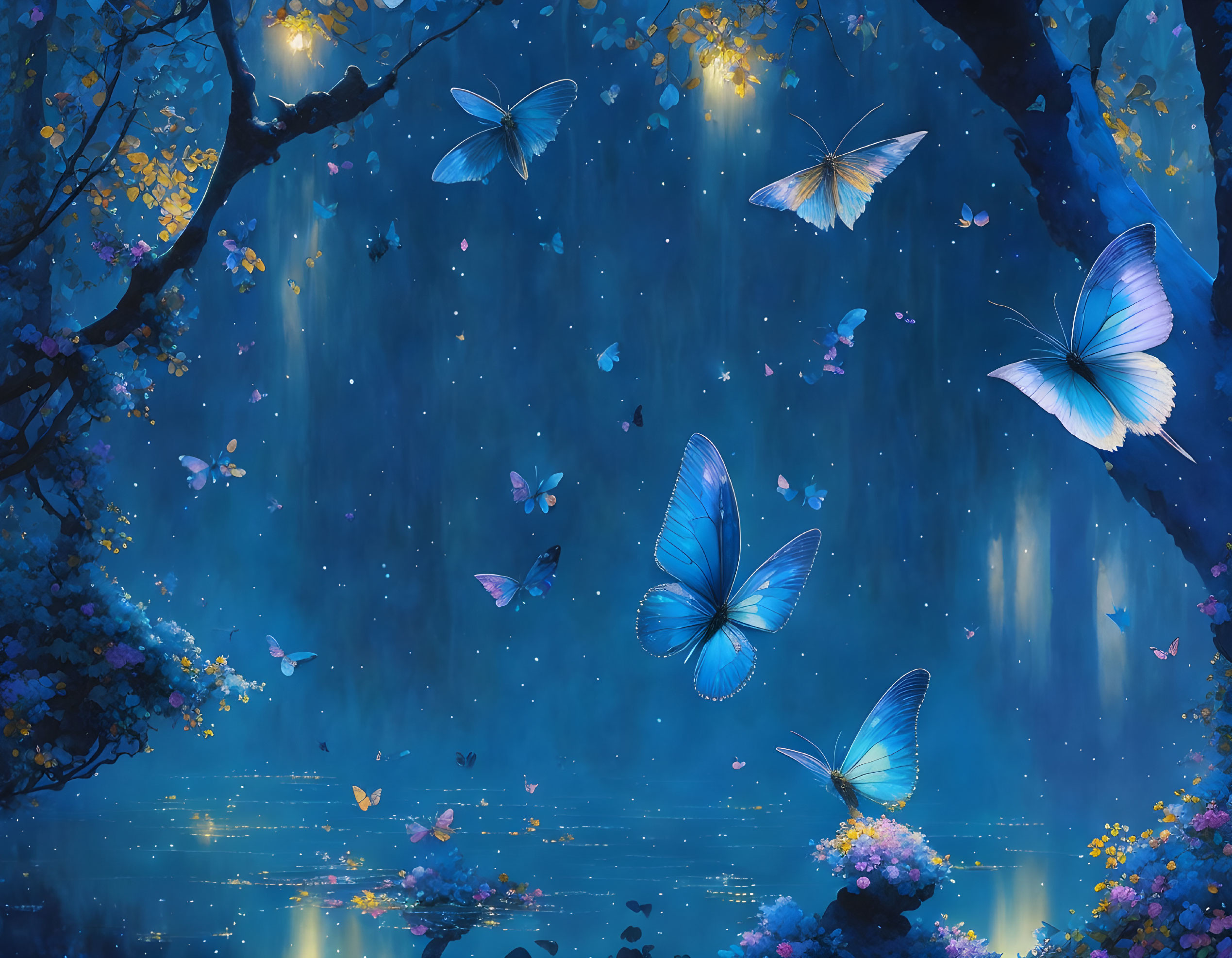 Night scene with glowing blue butterflies, blossoms, serene water, starry sky