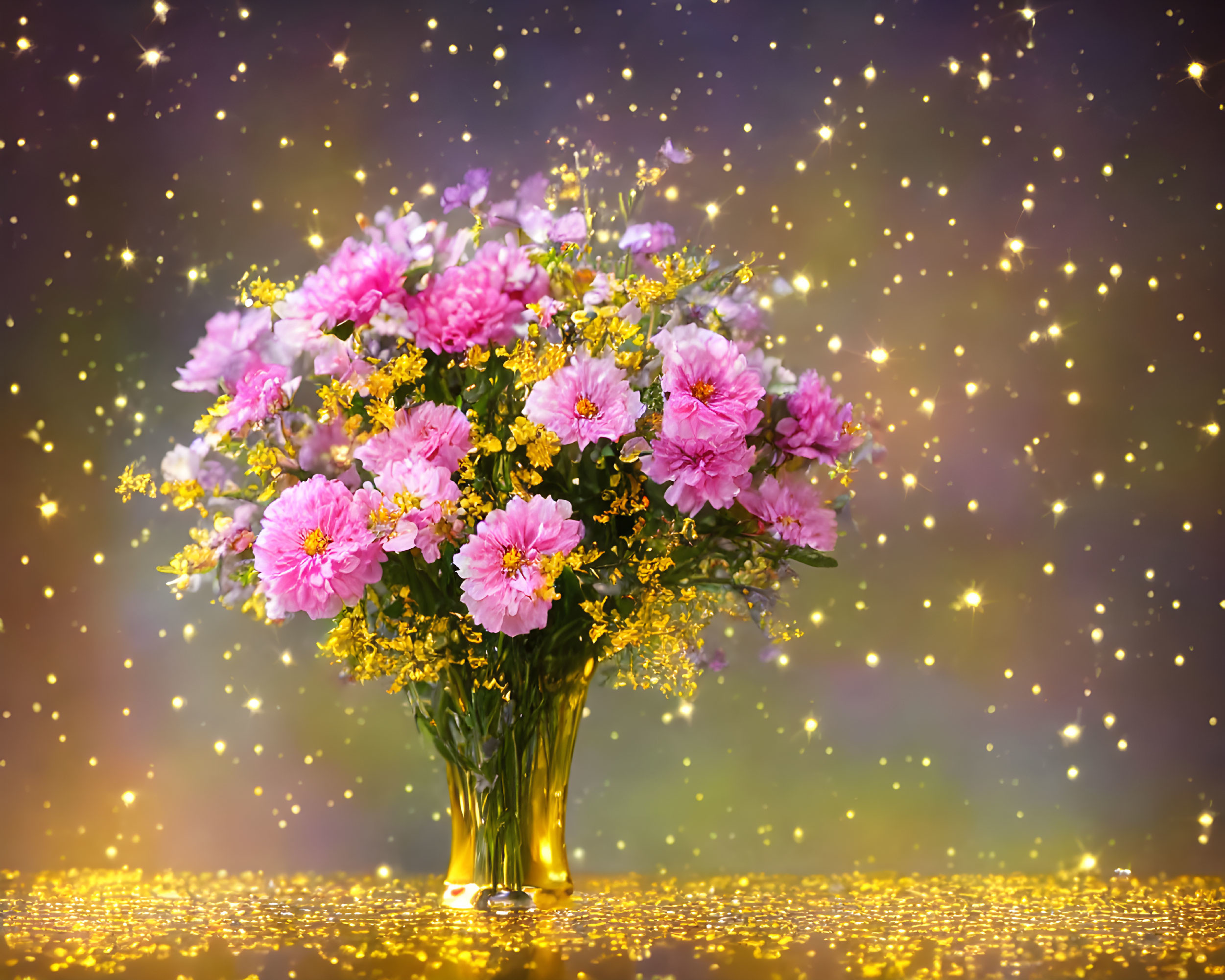 Pink Flowers Bouquet in Glass Vase on Golden Background