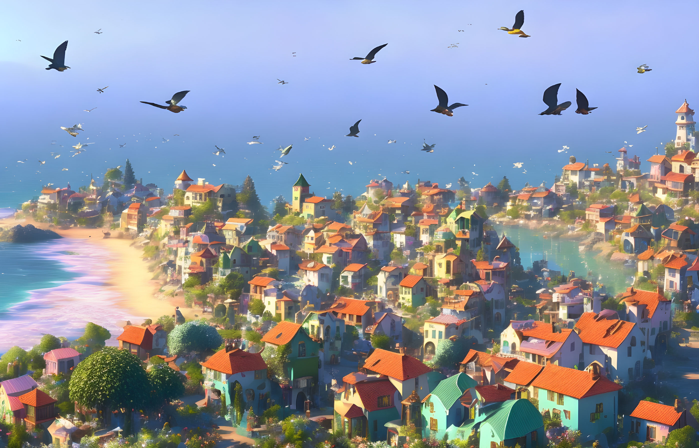 Vibrant seaside village with birds, clear skies, and beach scenery