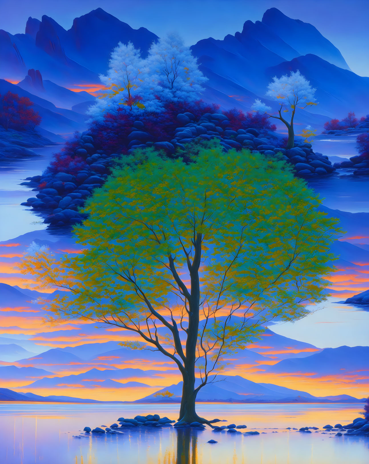 Digital painting of solitary tree by river at dawn or dusk with mountains and orange sky