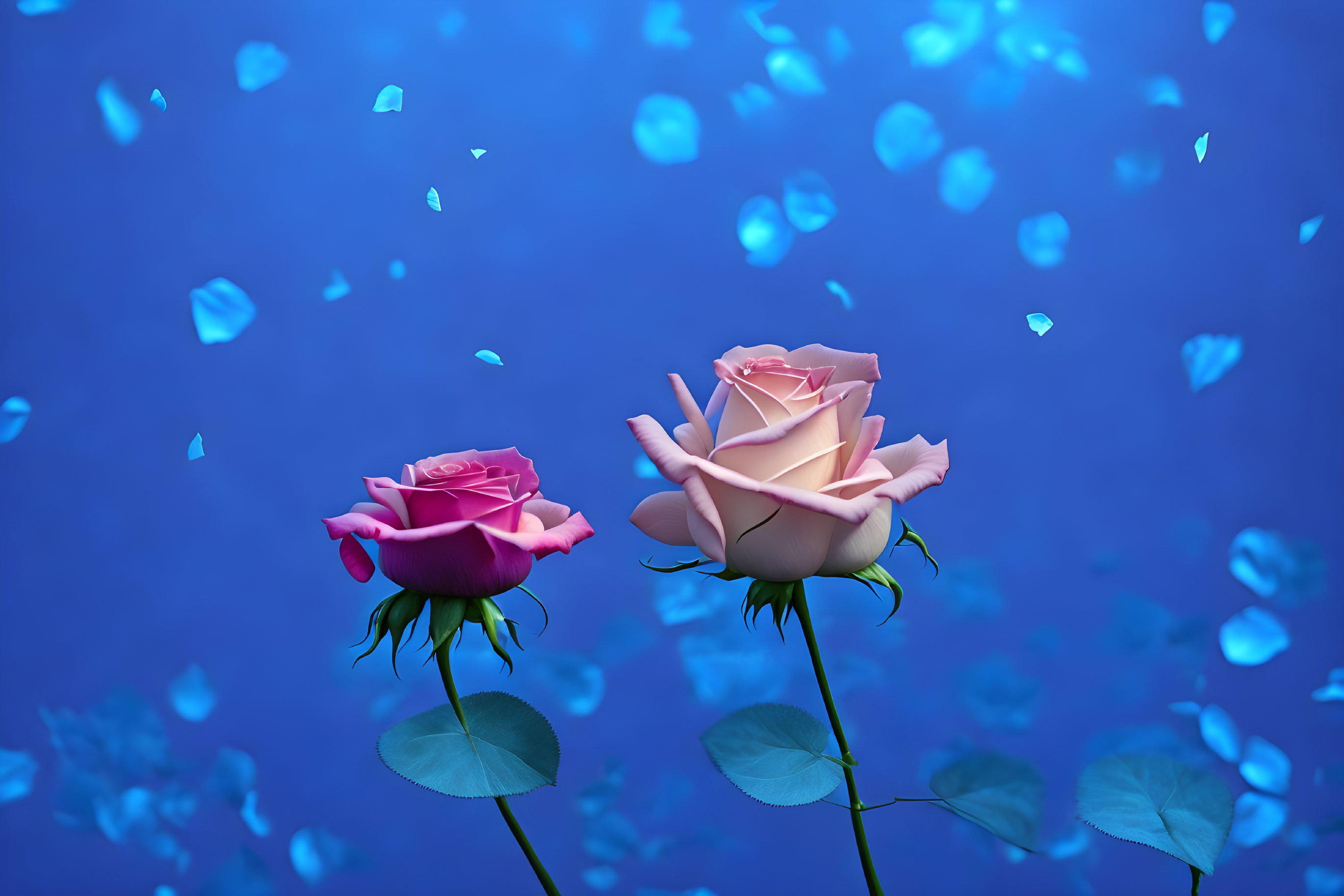 Pink Roses with Green Stems on Blue Background with Petals