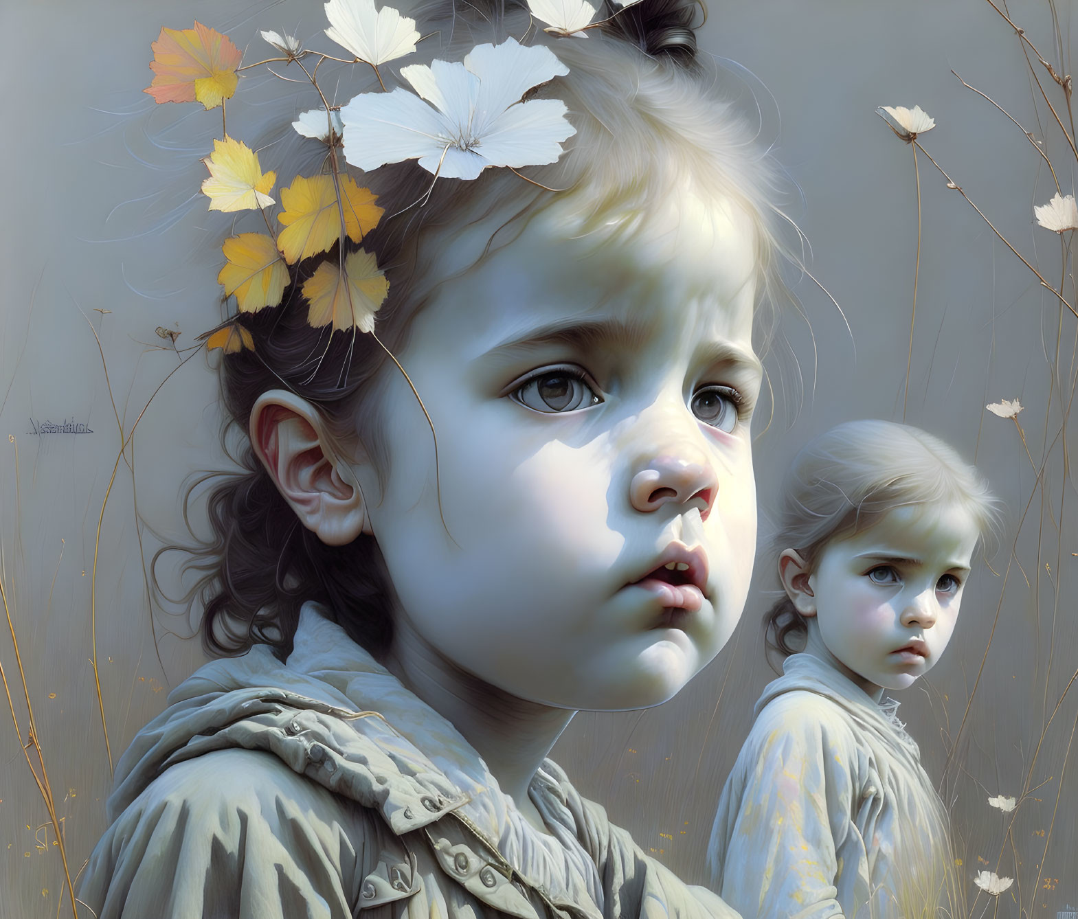 Hyperrealistic Painting: Two Young Girls with Autumn Leaves in Hair