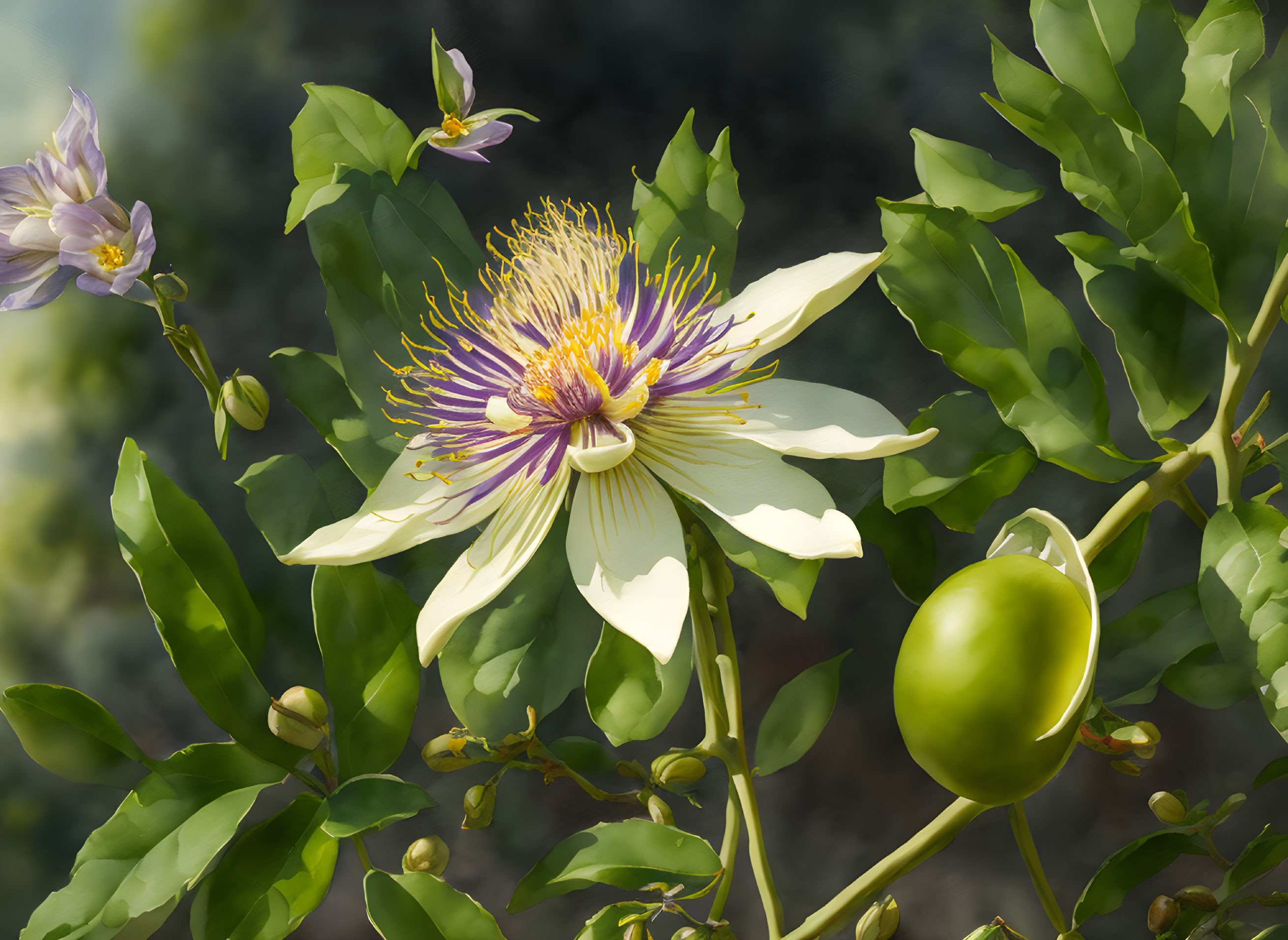 Colorful Passion Flower with White and Purple Petals and Yellow Stamen