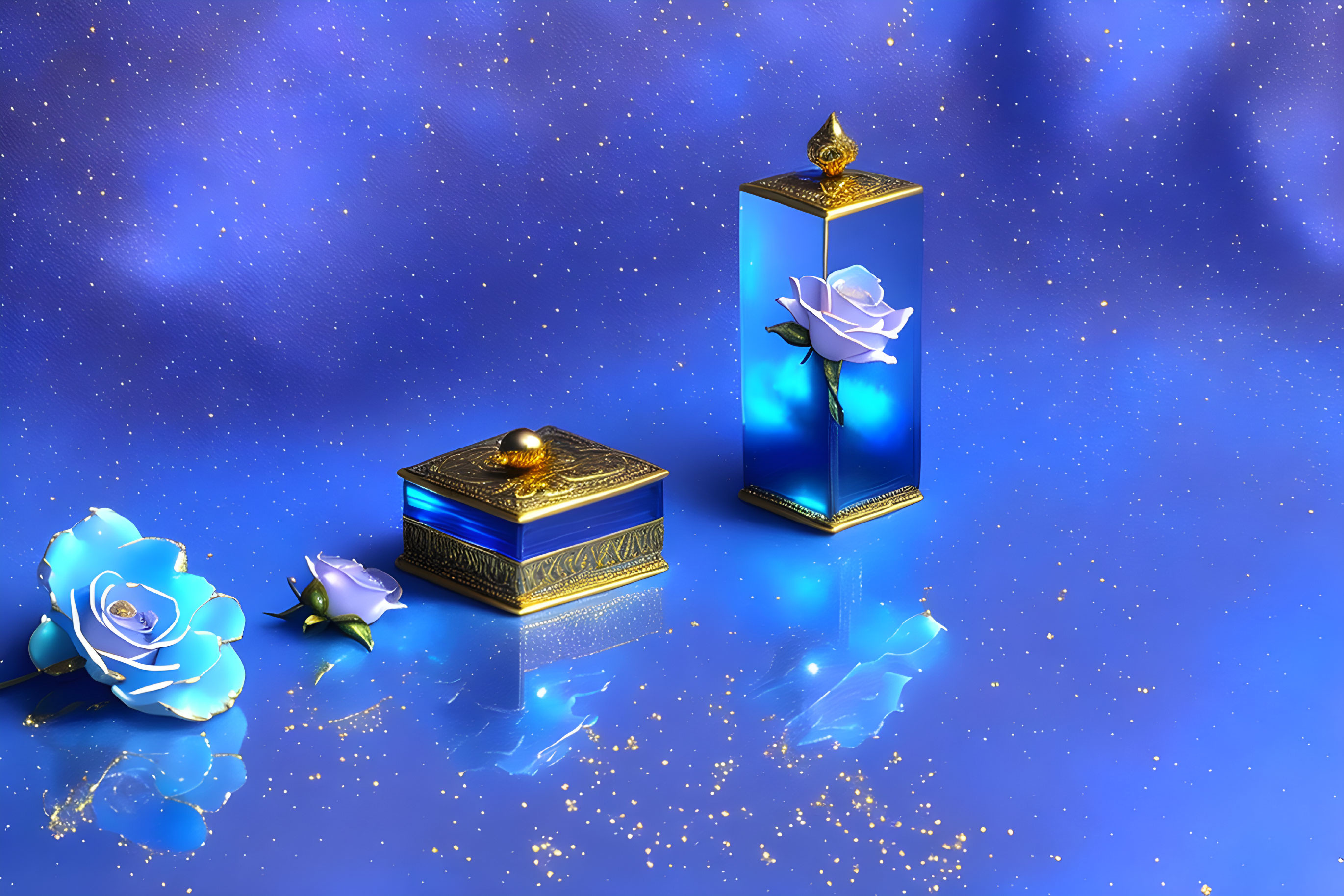 Blue and Gold Boxes with Rose and Starry Background