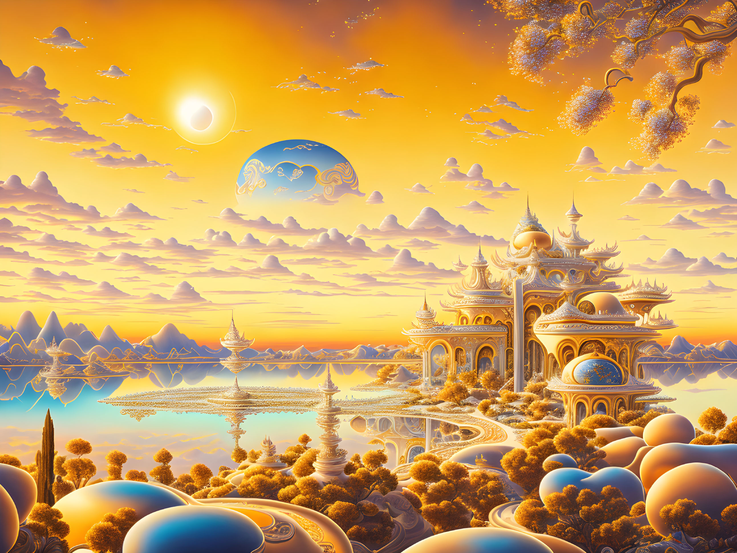 Golden landscape with temples, floating islands, and celestial bodies