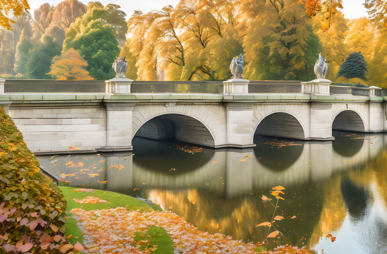 Tranquil autumn landscape with stone bridge, statues, fall trees, and floating leaves.