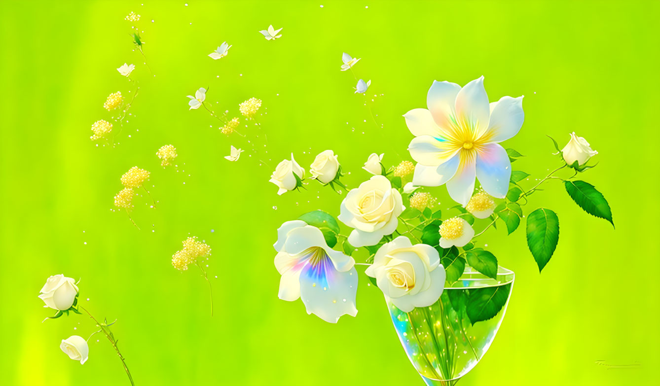 Colorful digital artwork: glass vase, white flowers, butterflies, and sparkling dots on green.