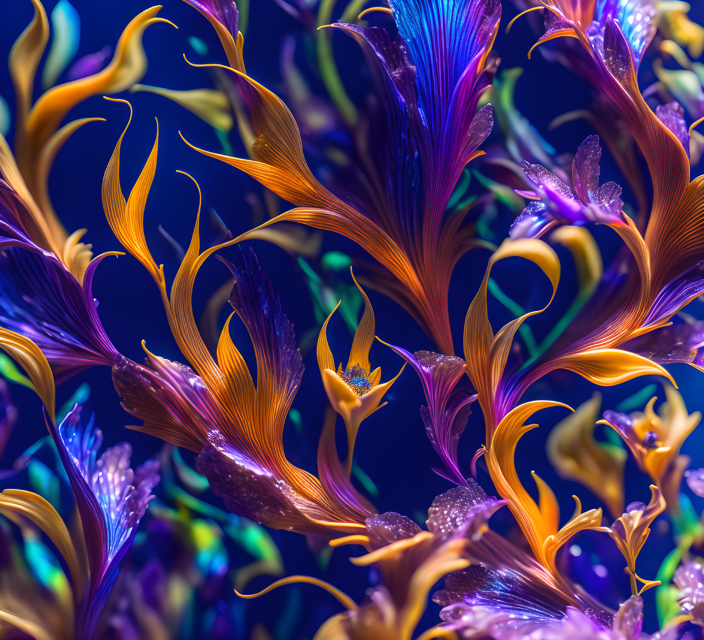 Colorful iridescent flowers with twisted petals in blue, orange, and purple