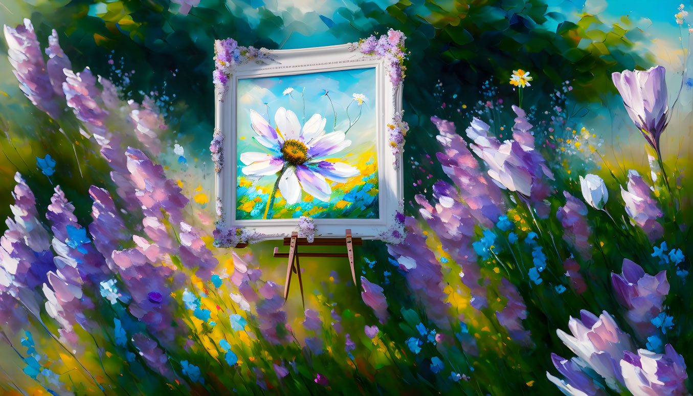 Colorful Impressionistic Flower Field Painting with White Daisy