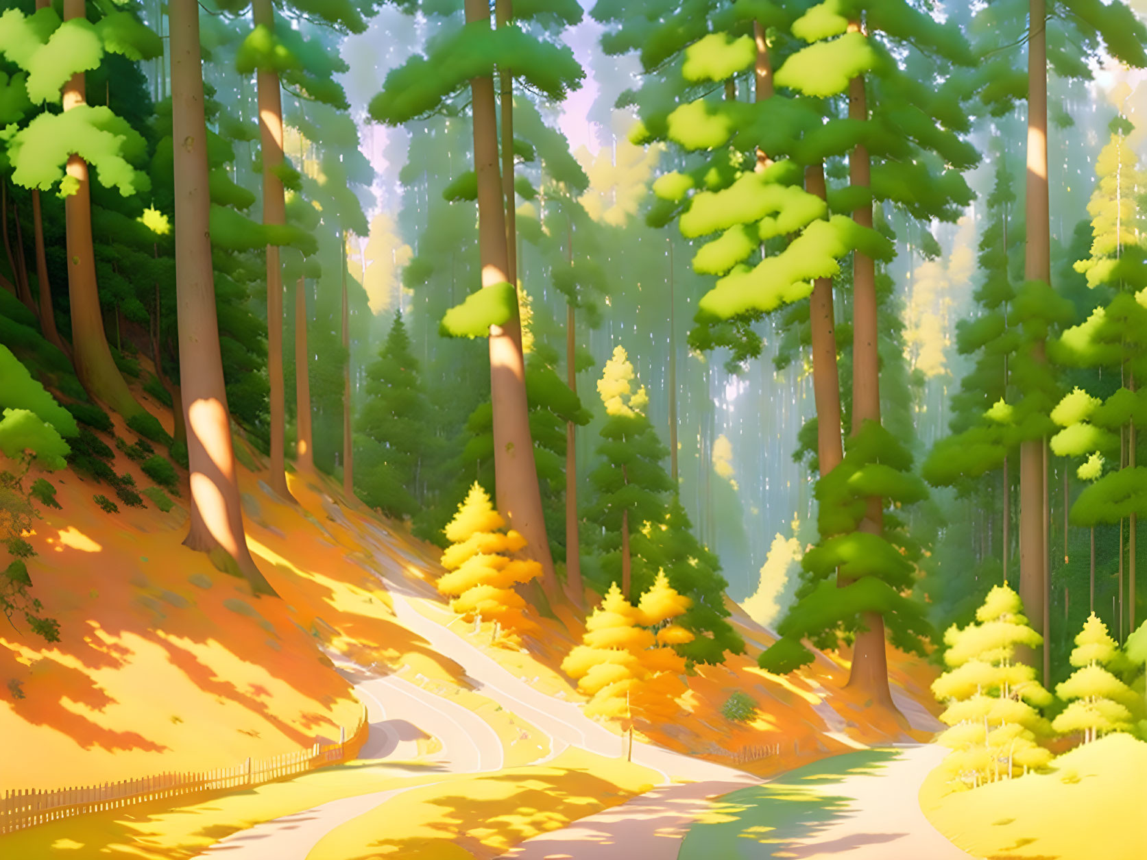 Sun-dappled forest with winding road and vibrant trees