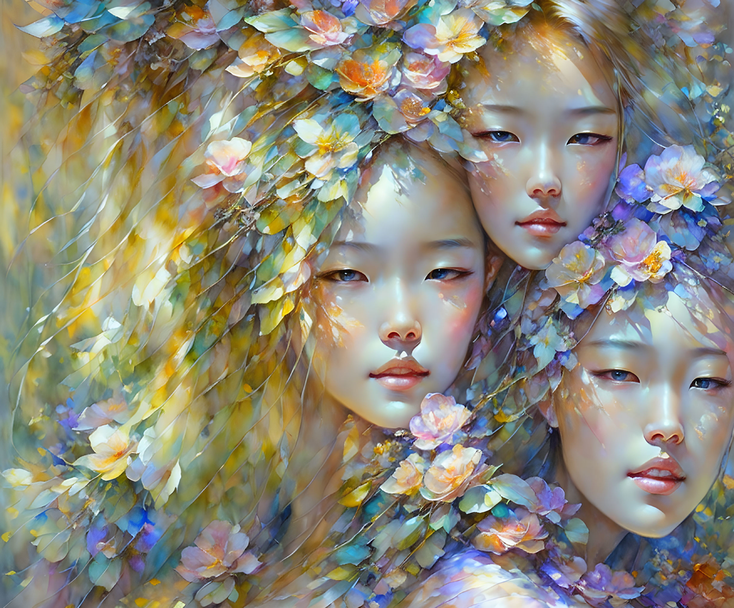 Ethereal female figures with floral crowns in dreamy digital painting