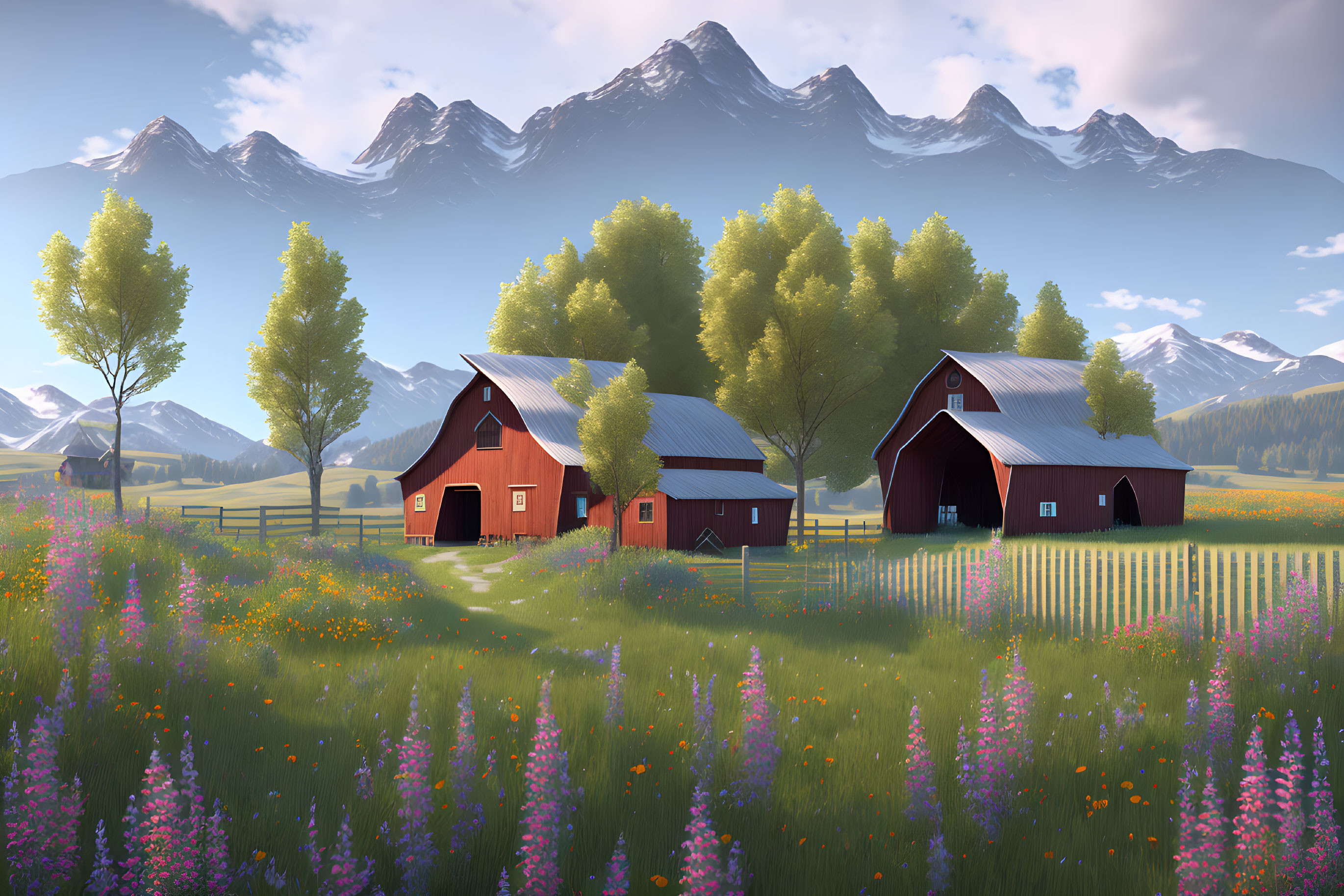 Rural landscape with red barns, wildflowers, white fence, and mountains.