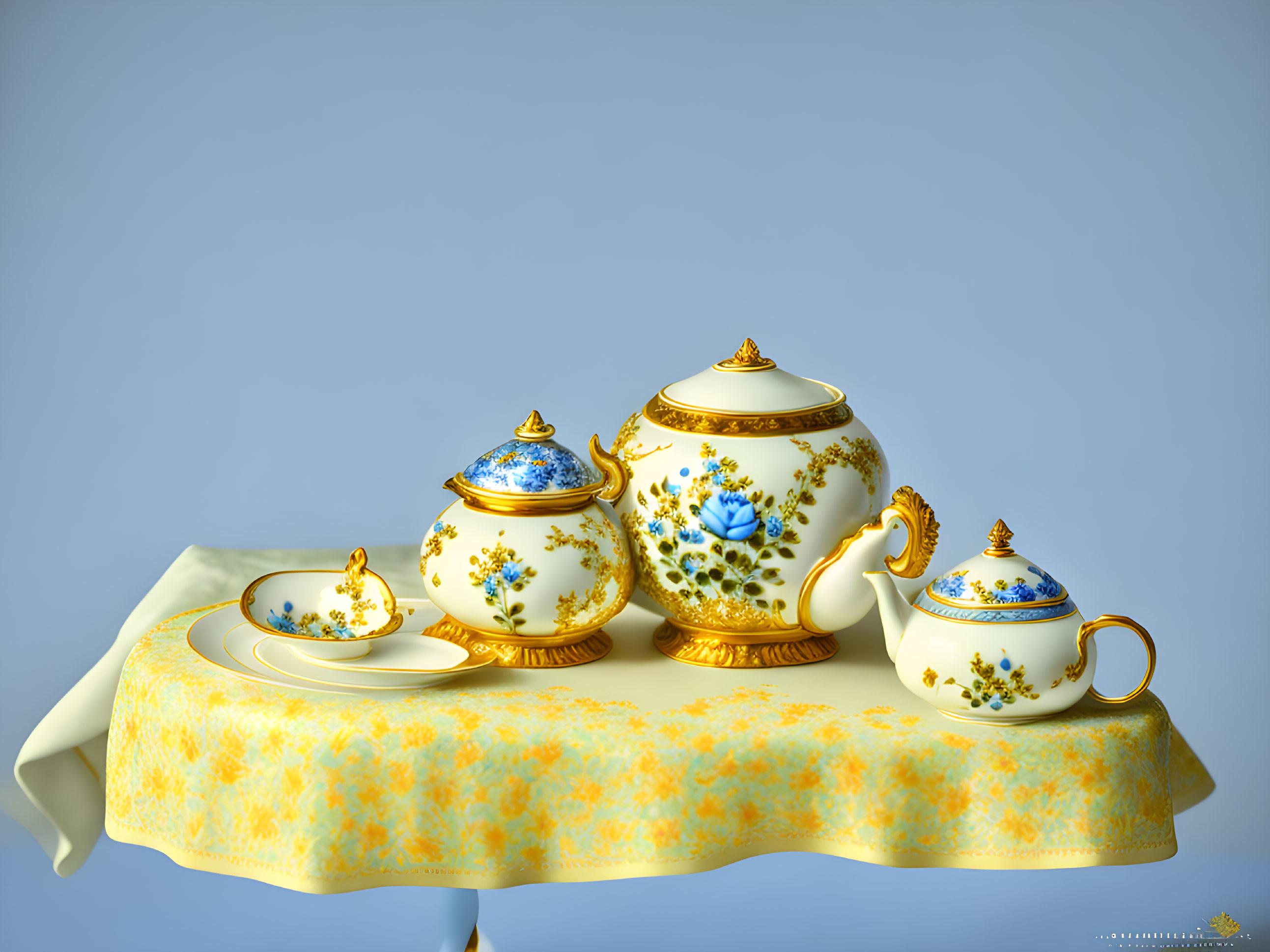 Elegant gold and blue floral porcelain tea set with teapot, cups, saucers, and